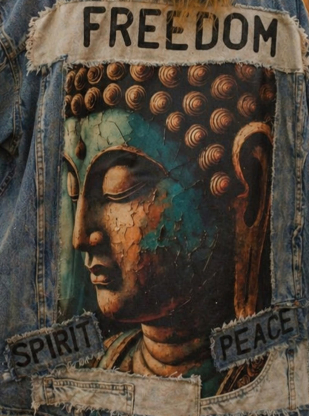 Detail van handgemaakt denim jasje met Buddha print en tekst freedom spirit peace