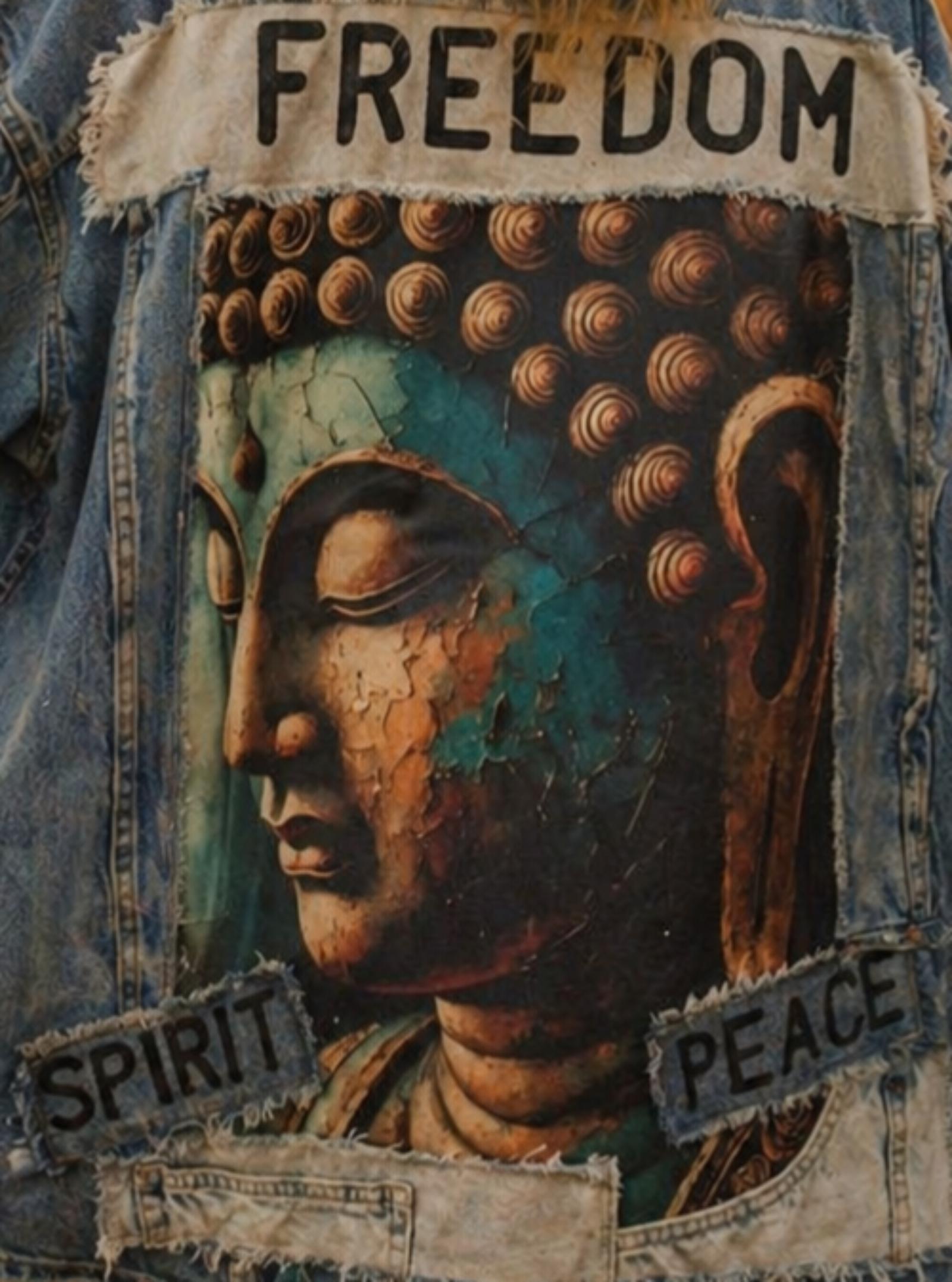 Detail van handgemaakt denim jasje met Buddha print en tekst freedom spirit peace
