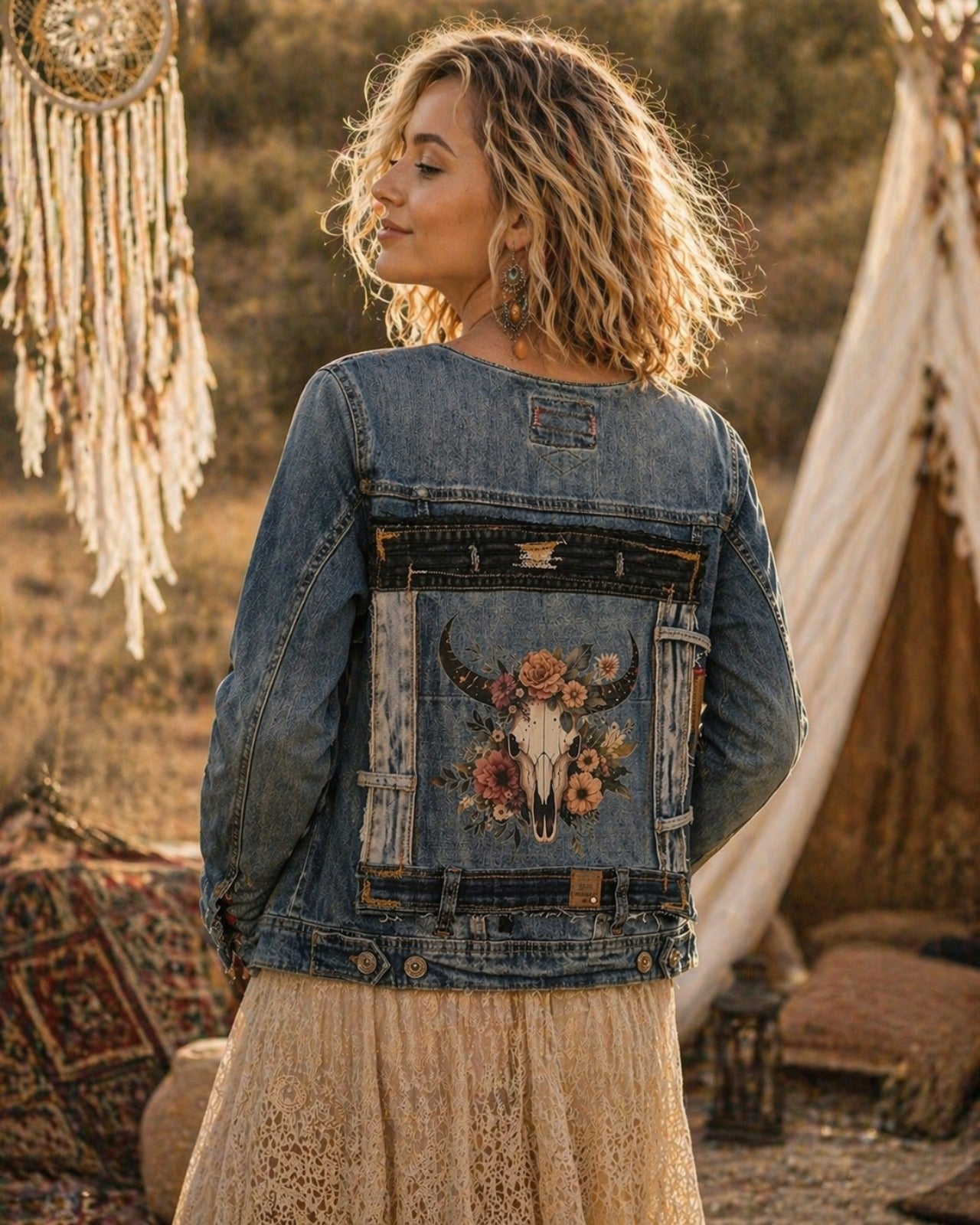 Boho denim jacket festival outfit vrouw model