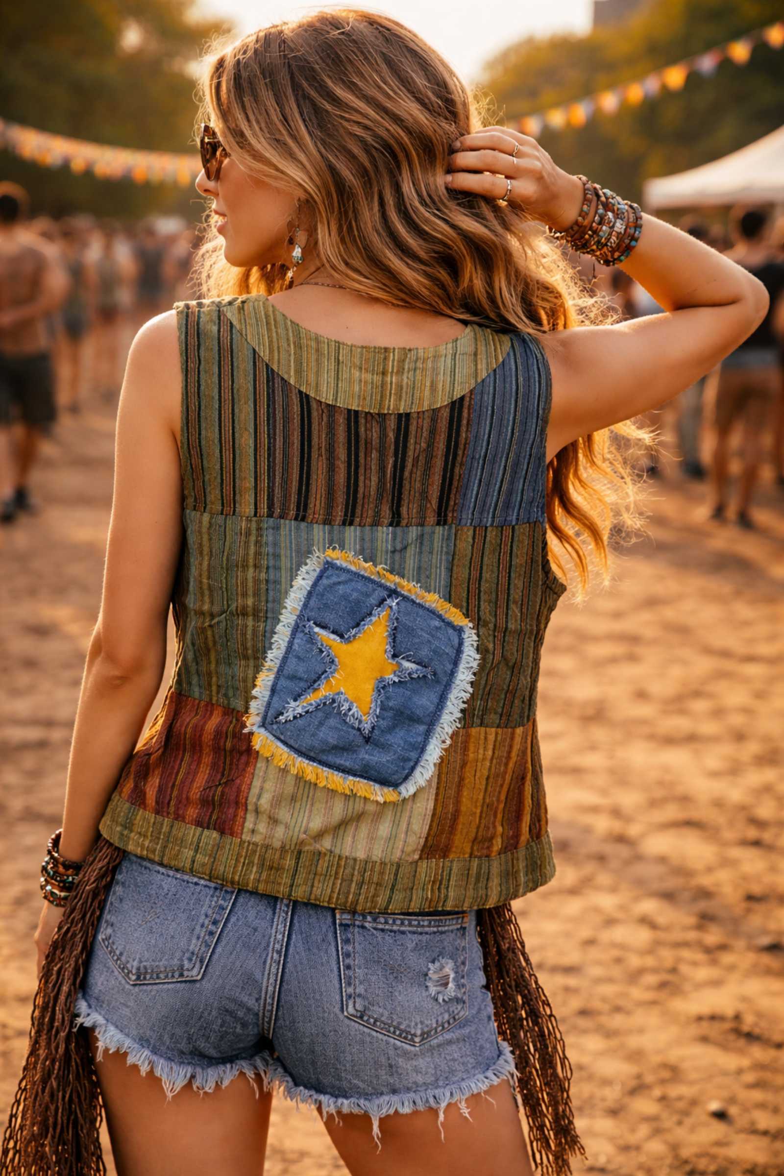 Upcycled boho hesje met denim ster patch achterkant