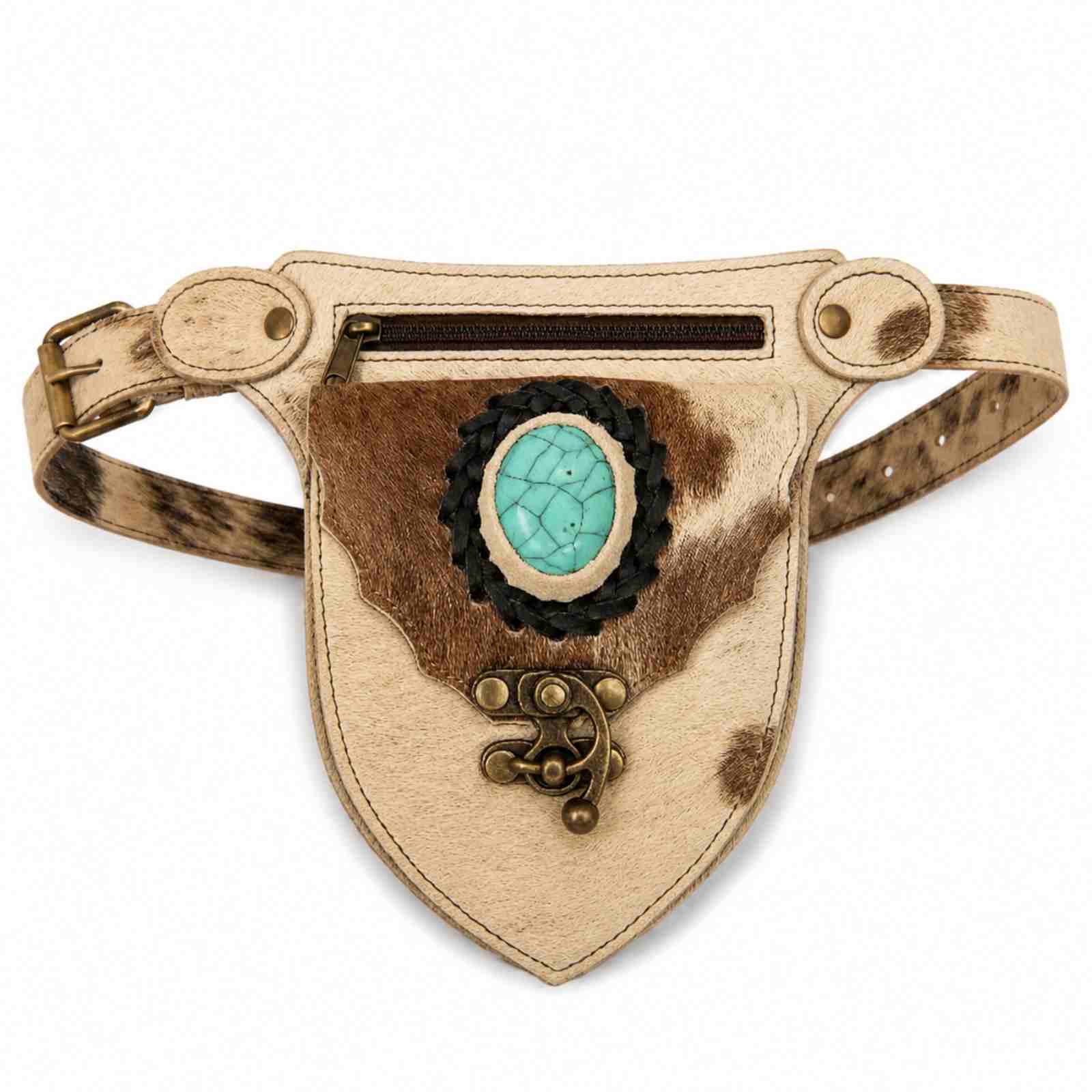 Boho heuptasje van leer met cowhide print en turquoise steen