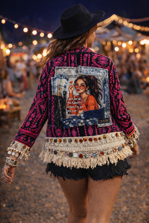 Upcycled boho jacket met denim artwork en franjes gedragen tijdens festival