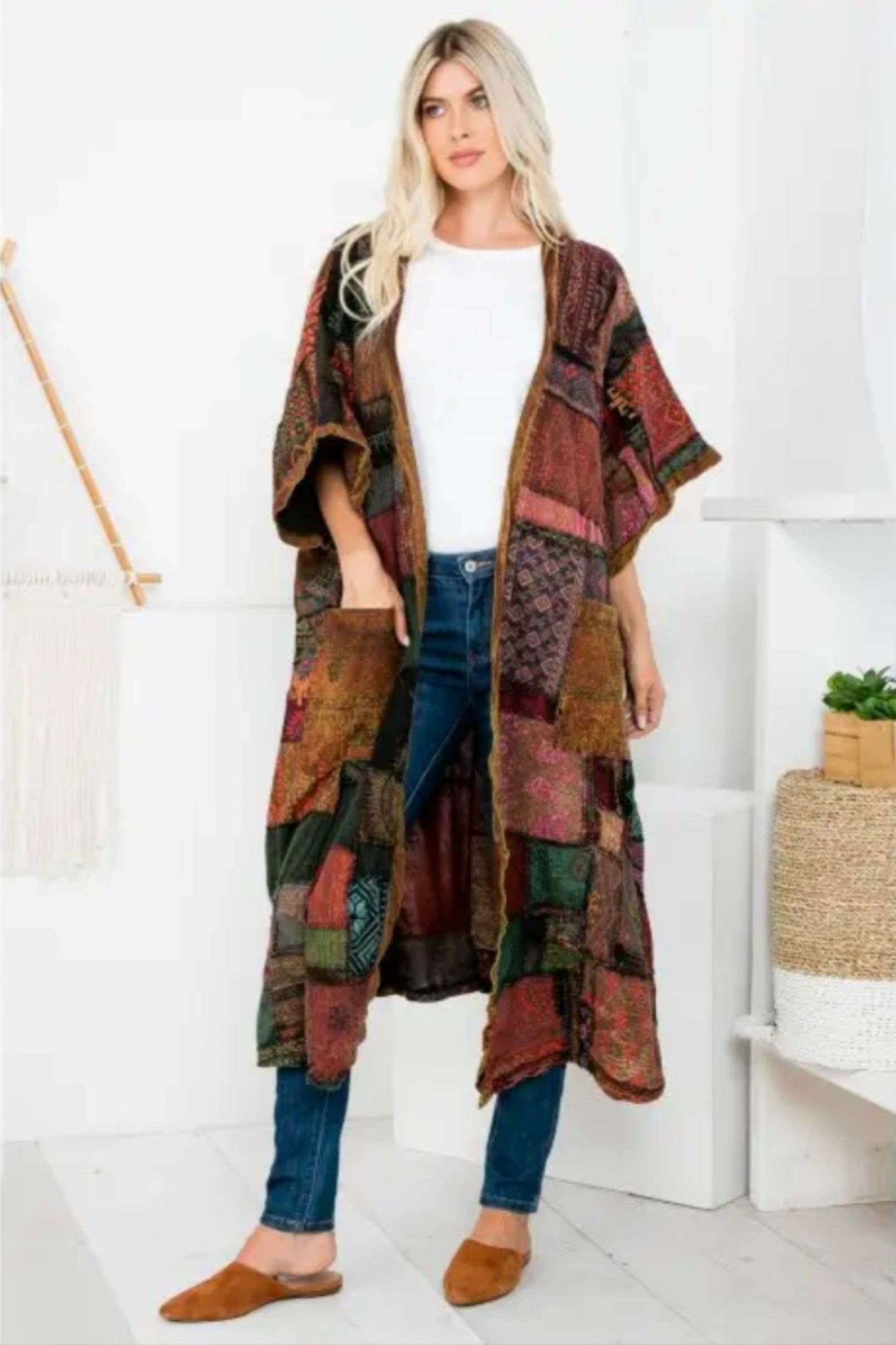 Boho patchwork kimono vest van 100% katoen voorkant