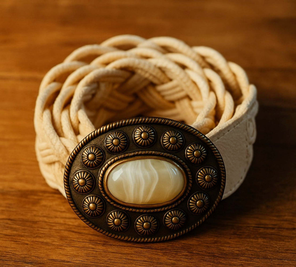 Boho riem crème met natuursteen gesp detail close-up