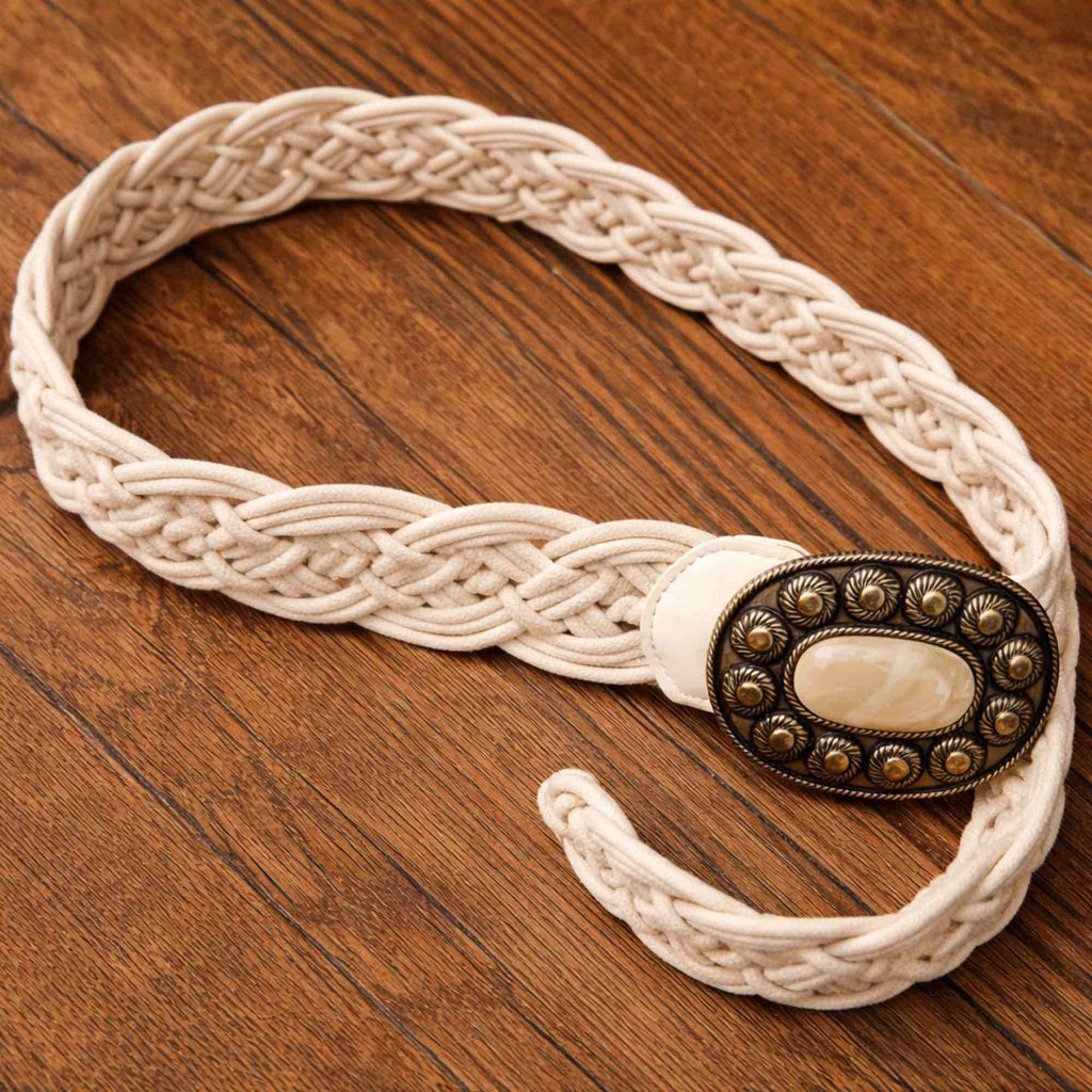 Volledige boho riem crème 117 cm met natuursteen gesp