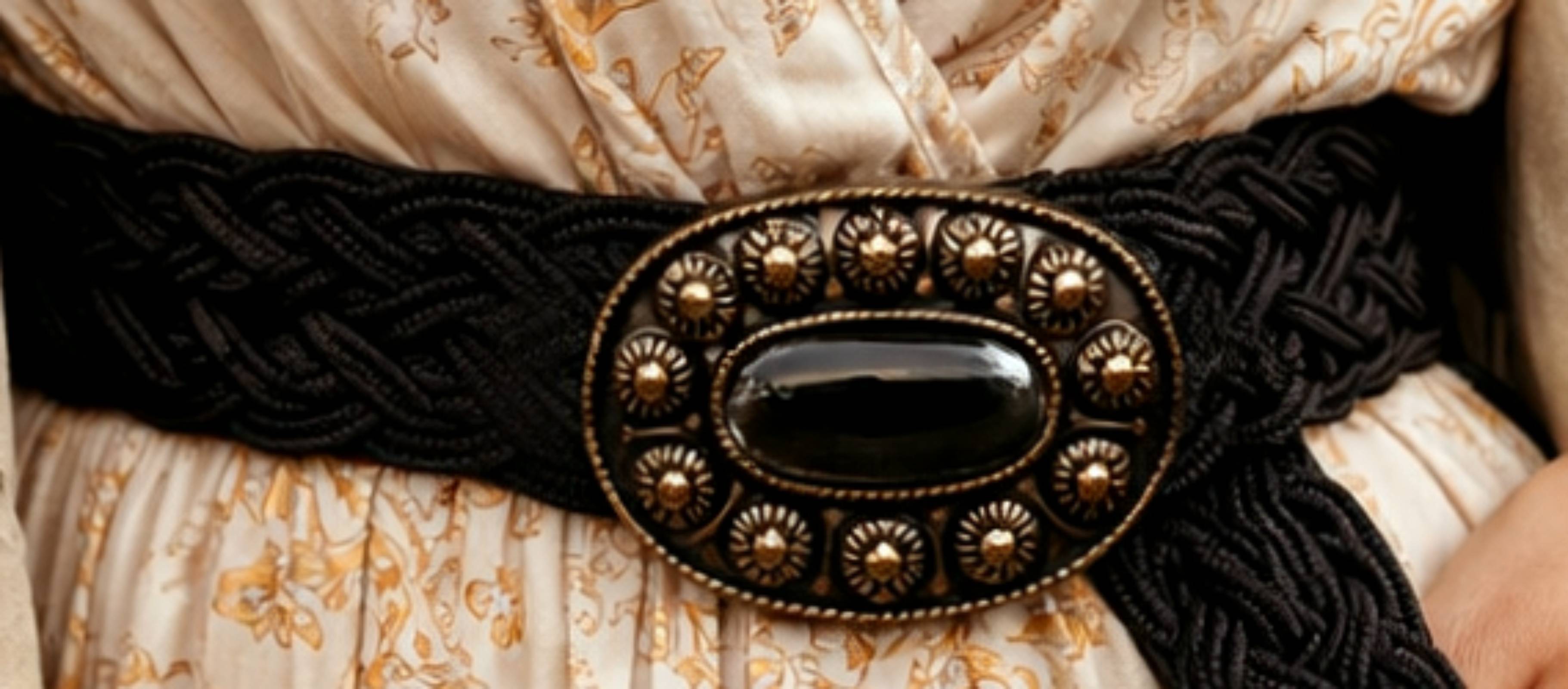 Detail van zwarte boho riem met gevlochten structuur en ovale natuursteen gesp – bohemian riem dames