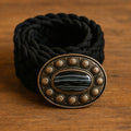 Boho gevlochten riem zwart met horizontale steen gesp handgemaakt