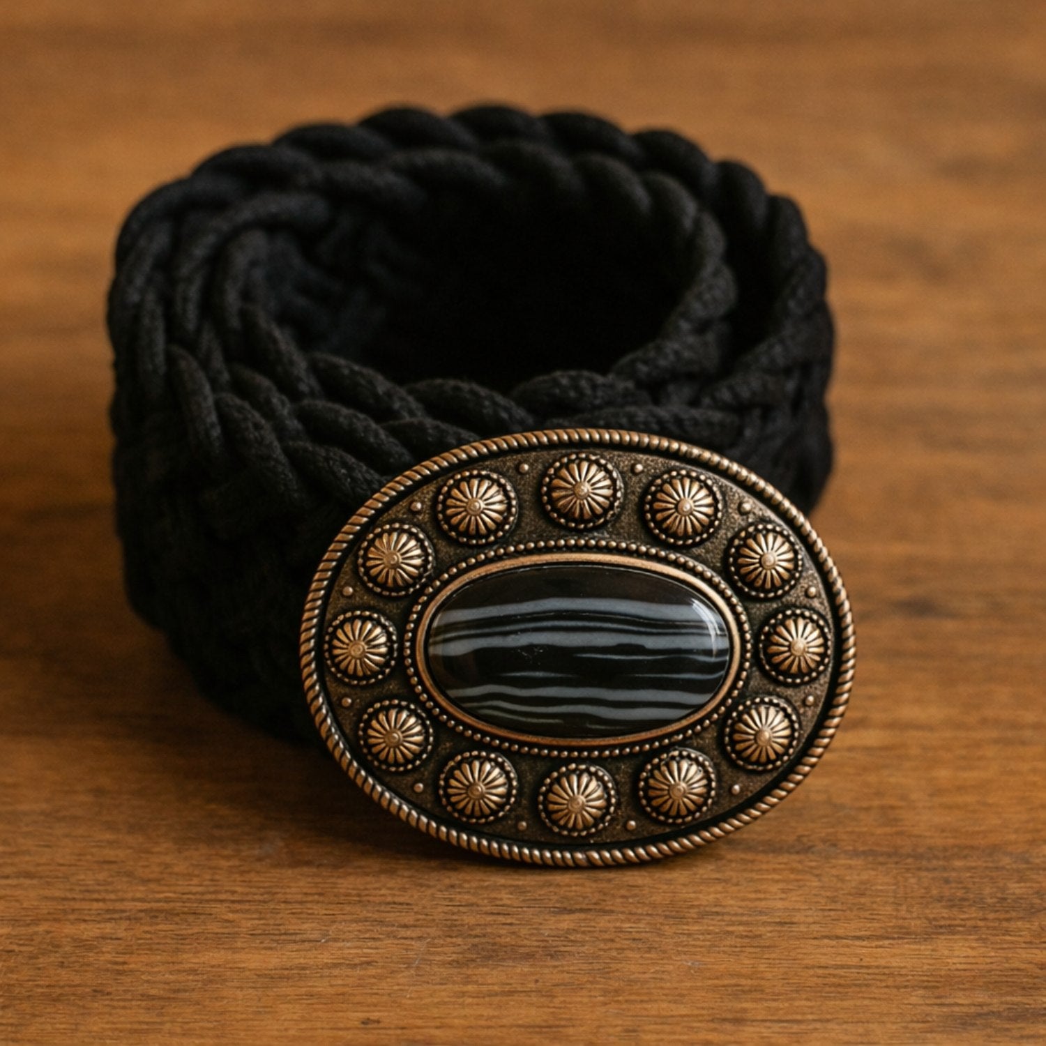 Boho gevlochten riem zwart met horizontale steen gesp handgemaakt