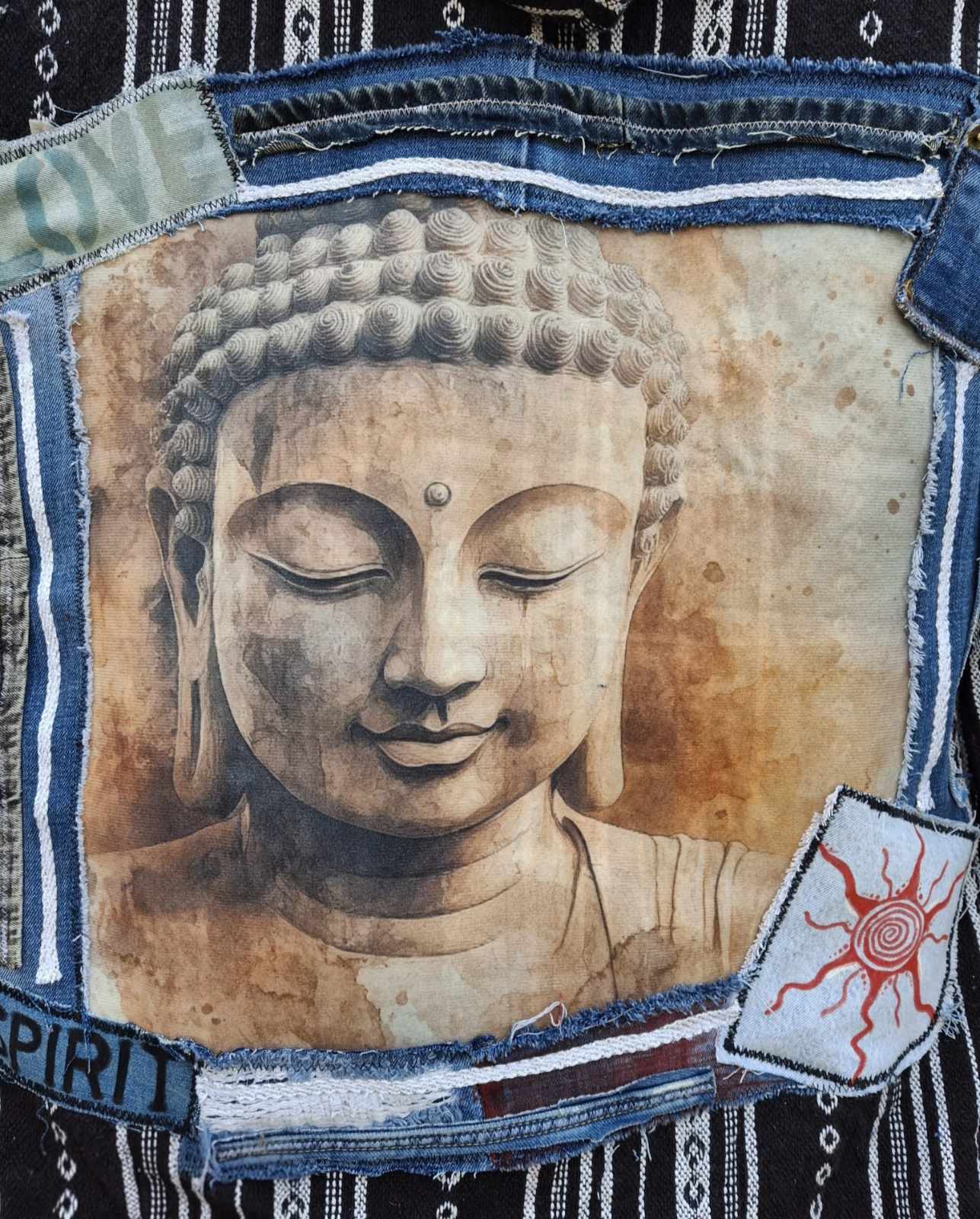 Buddha print detail on handmade denim jacket boho style