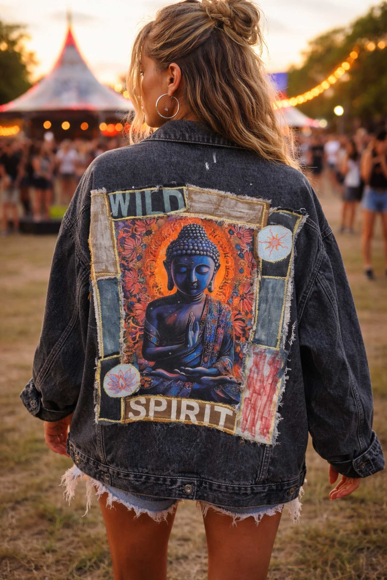 Denim jacket gedragen op festival met Buddha artwork achterkant