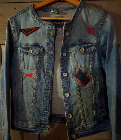 Denim jacket voorkant ronde hals handmade upcycled