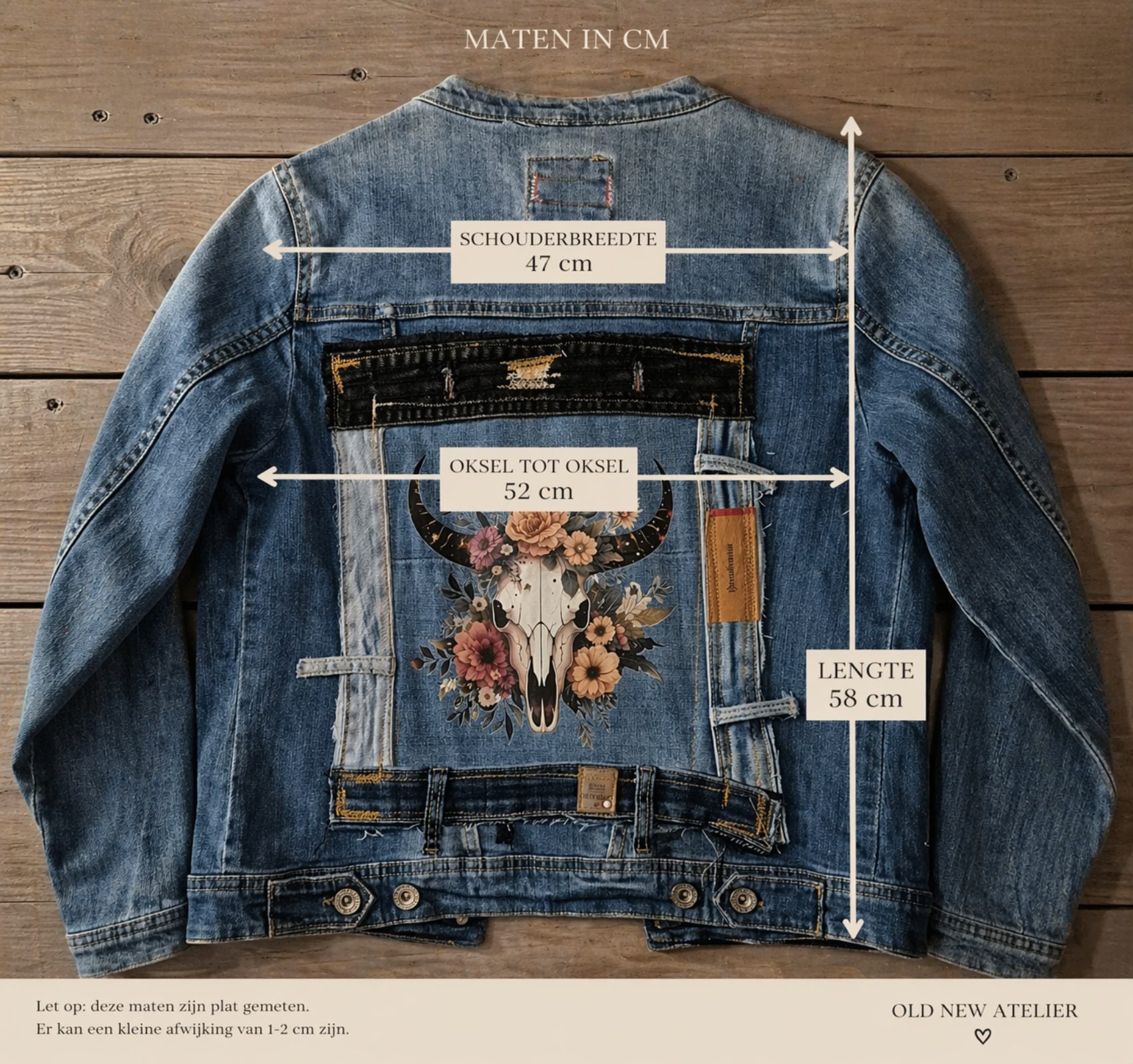 Denim jacket maat overzicht schouder borst lengte
