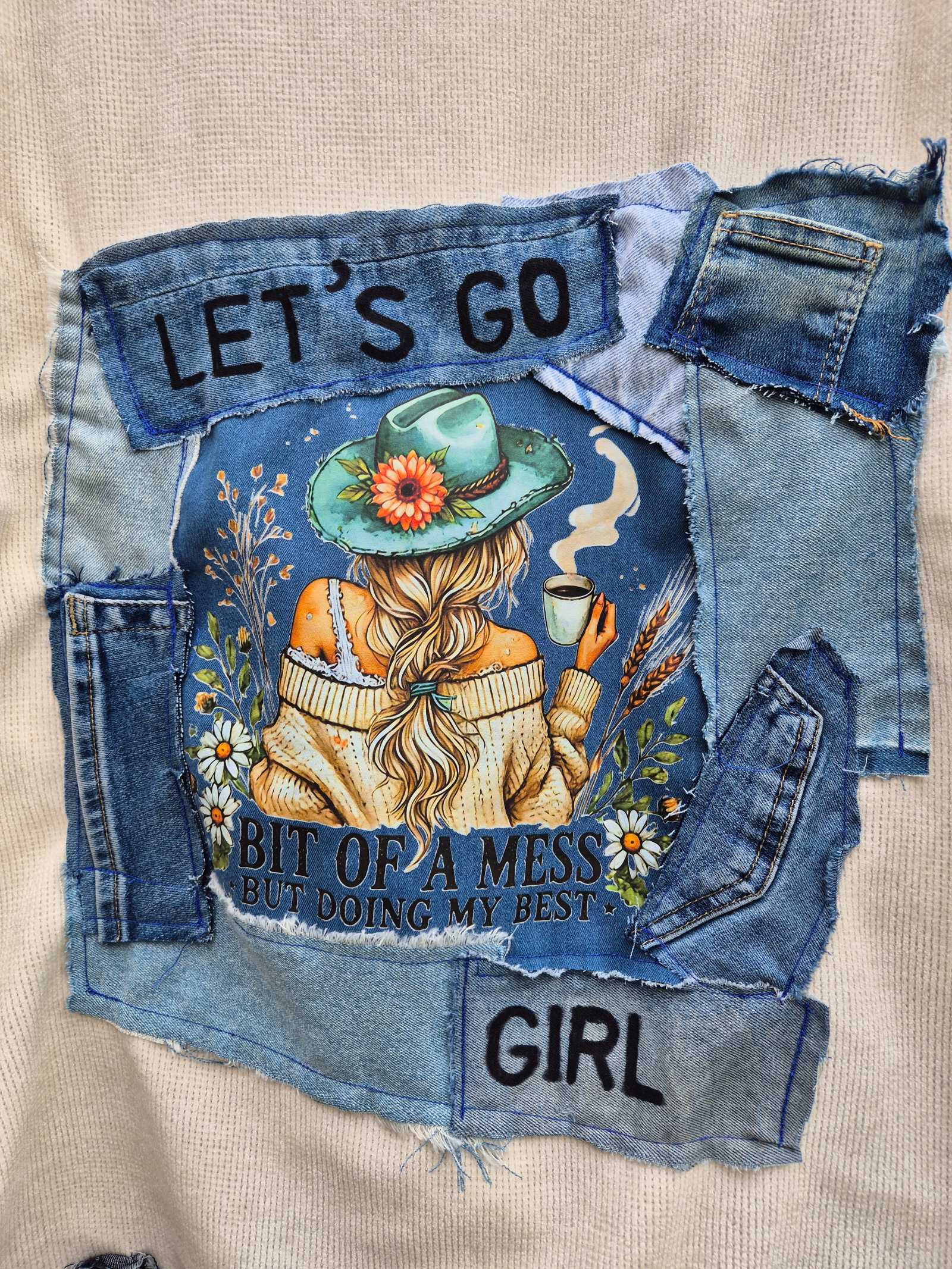 Denim patchwork detail upcycled sweater
