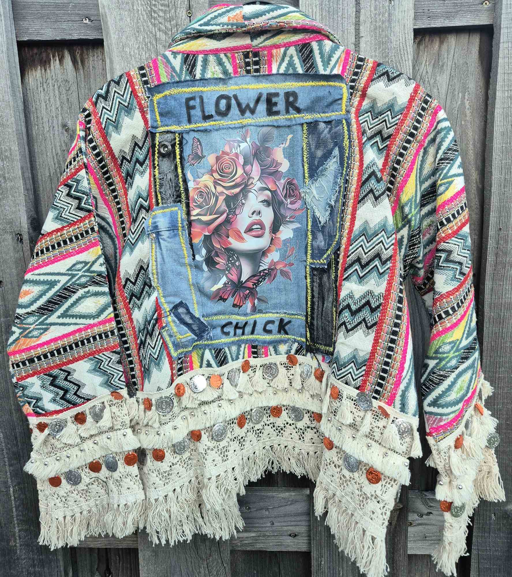 Back view upcycled boho jacket with patchwork denim