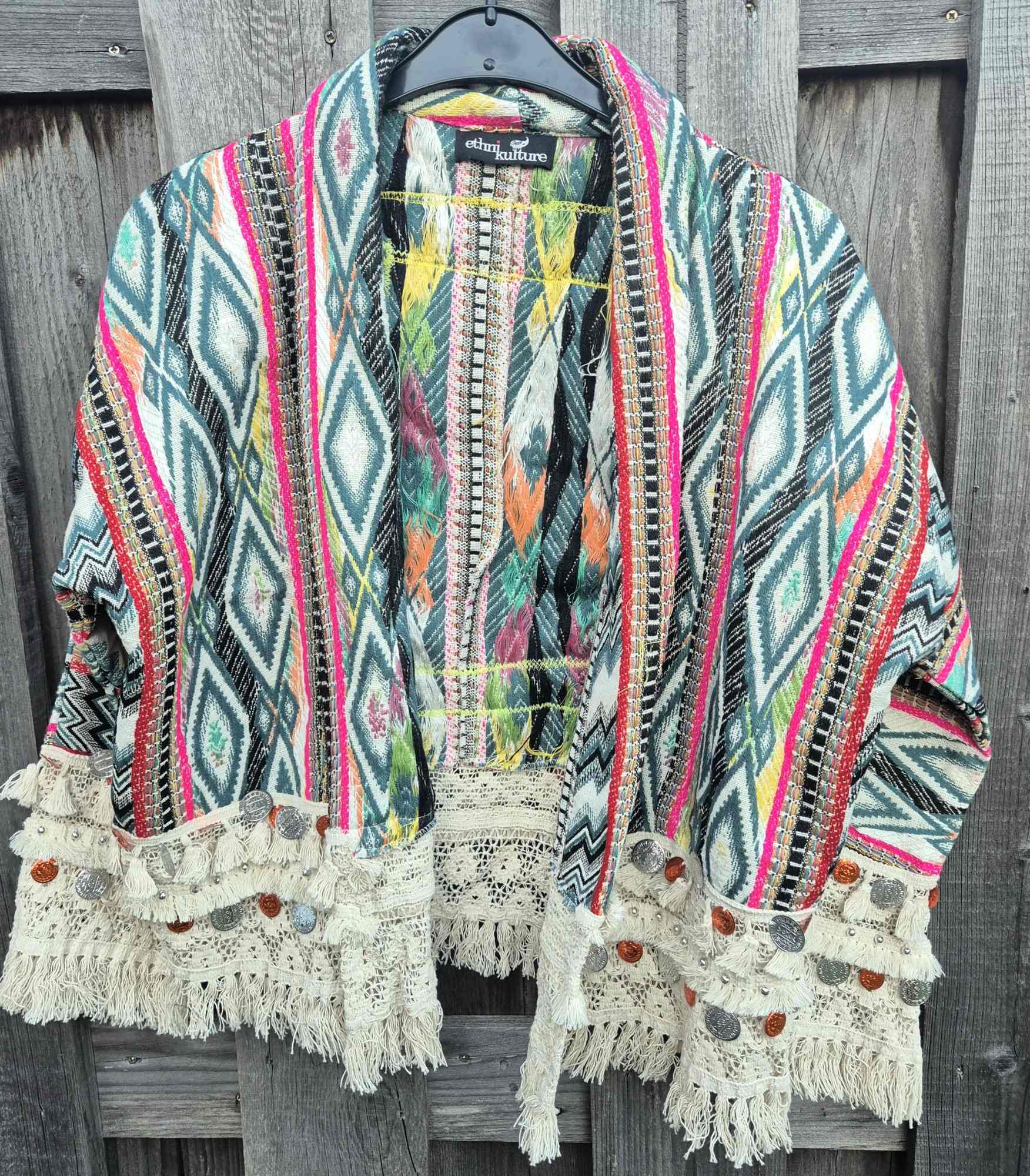 Front view upcycled boho jacket festival style