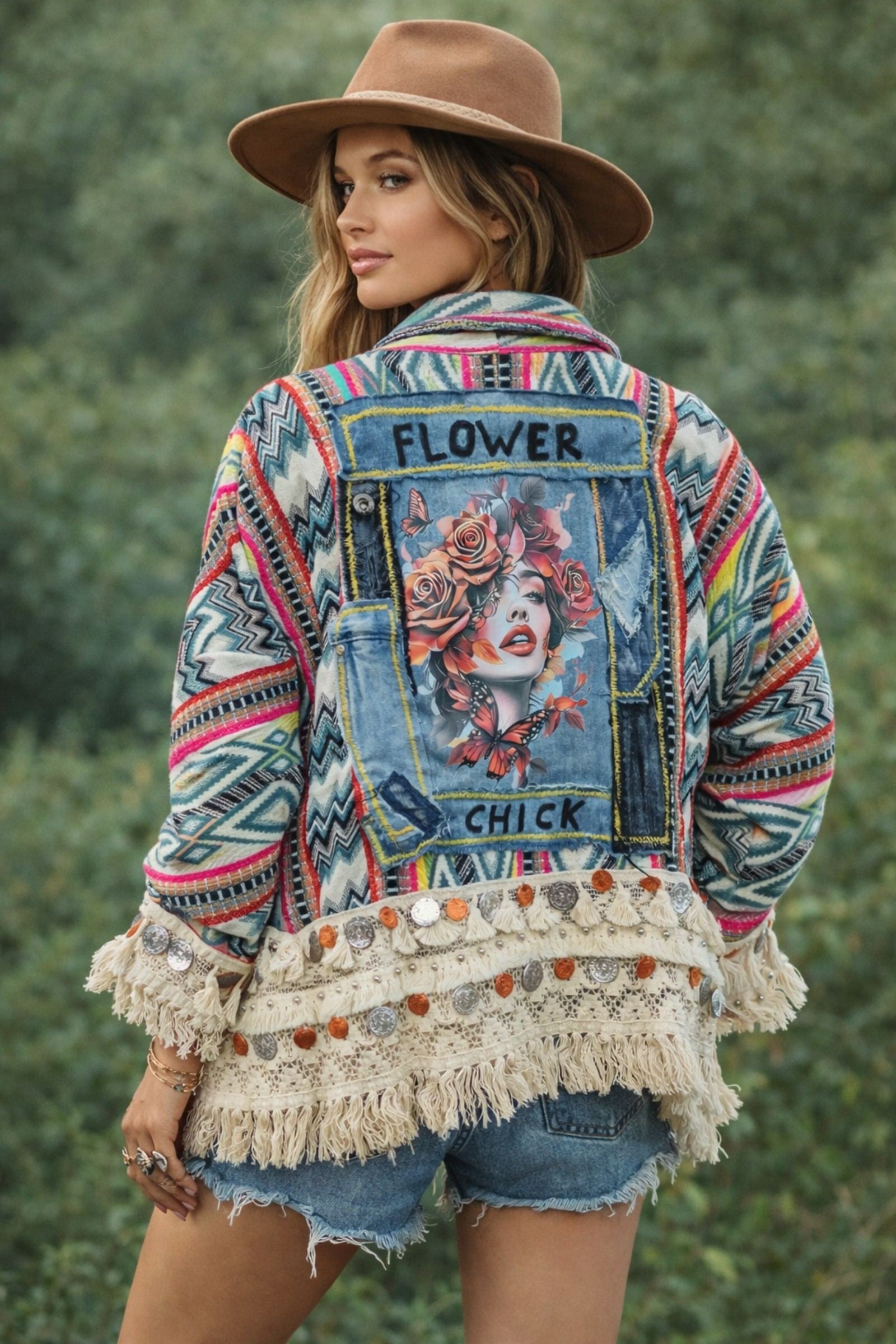 Upcycled flower chick denim jacket boho festival style