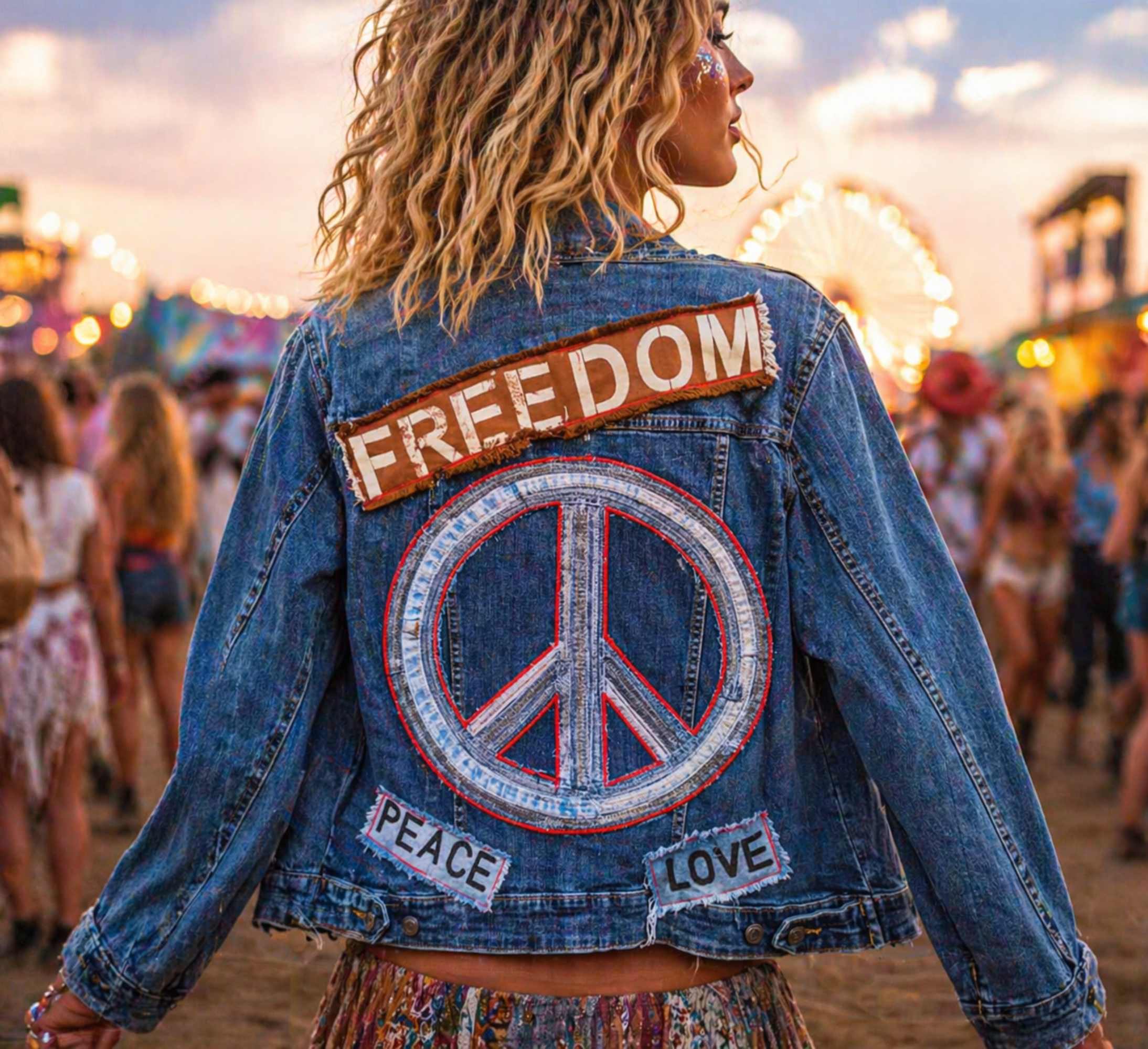 One of a kind upcycled denim jasje met peace teken en Freedom patch, handgemaakt in ons atelier, boho festival stijl met blond krullend model van de achterkant