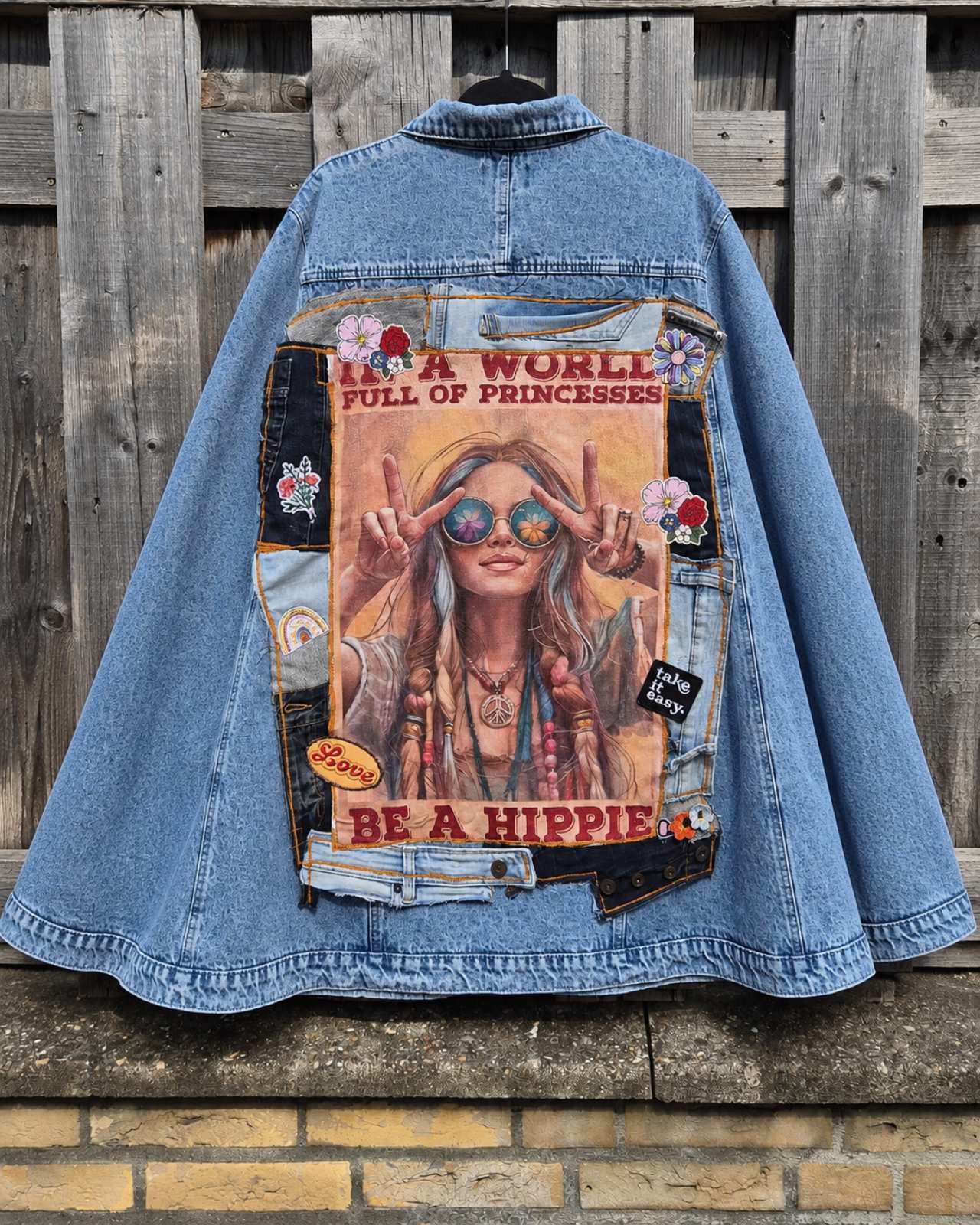 Oversized upcycled denim poncho achterkant met Be A Hippie artwork