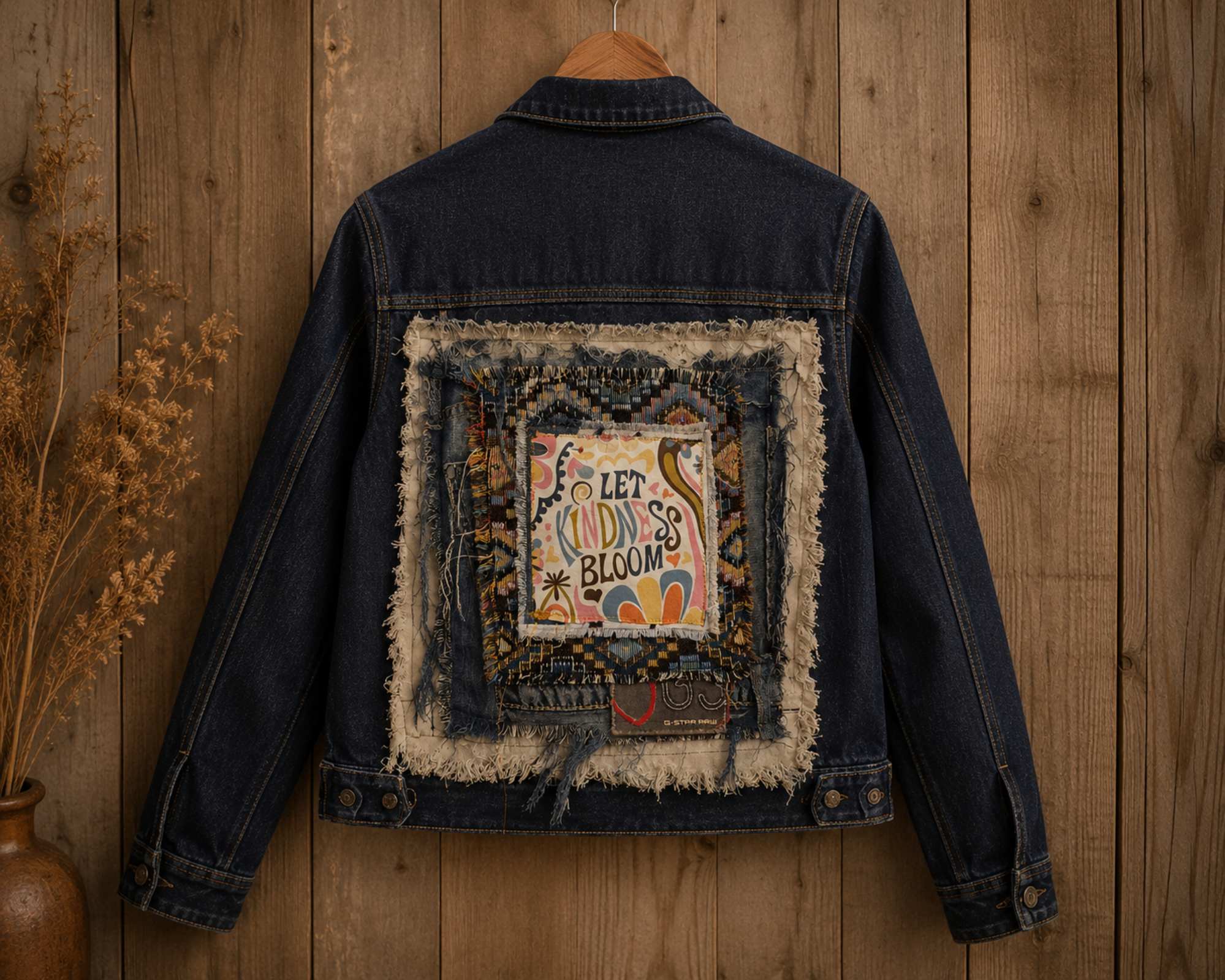 Let Kindness Bloom – One of a Kind Upcycled Denim Jacket