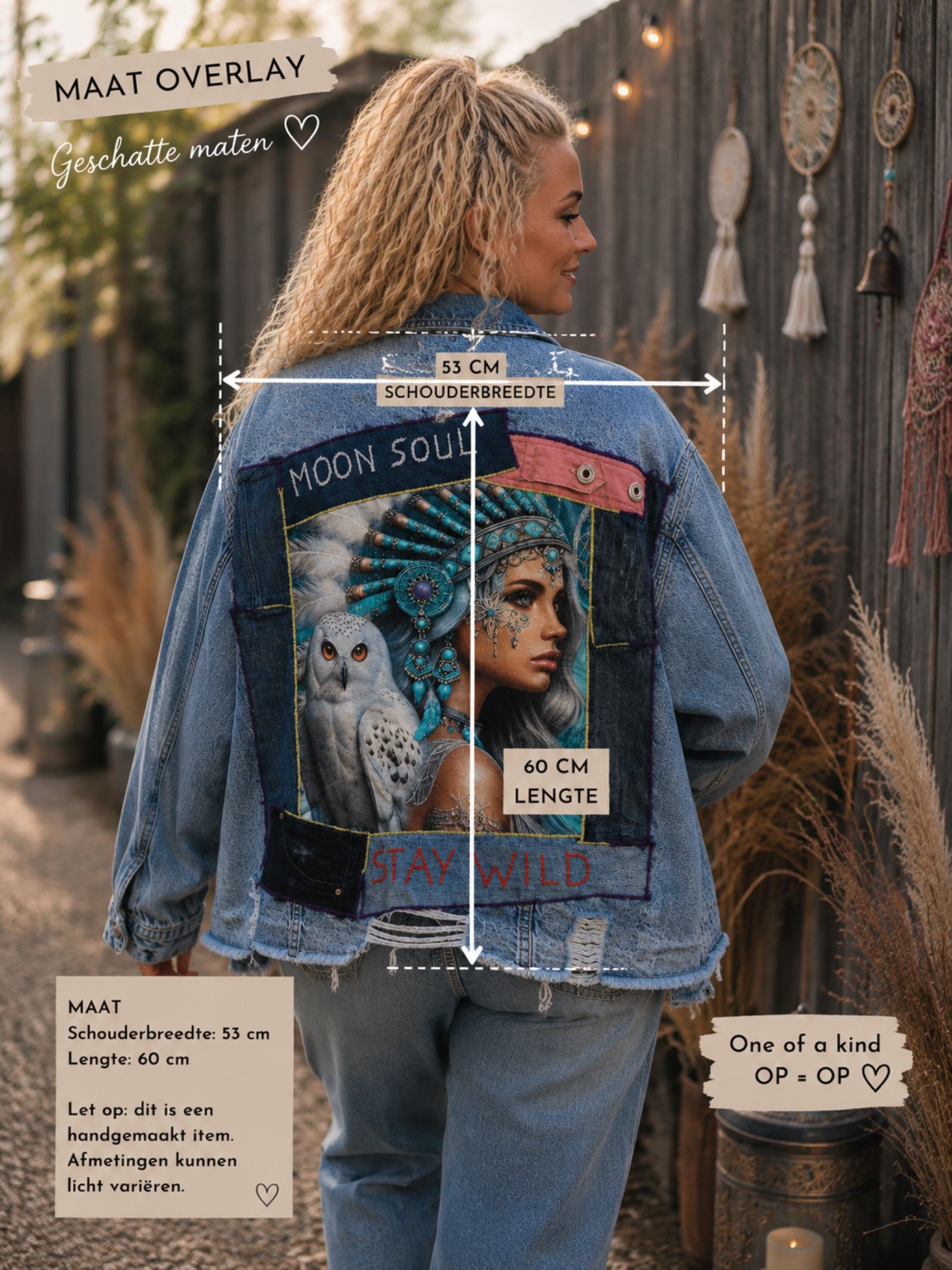 Gedragen maatoverlay van Moon Soul spijkerjasje met schouderbreedte 53 cm en lengte 60 cm, handgemaakt door Old New Atelier.