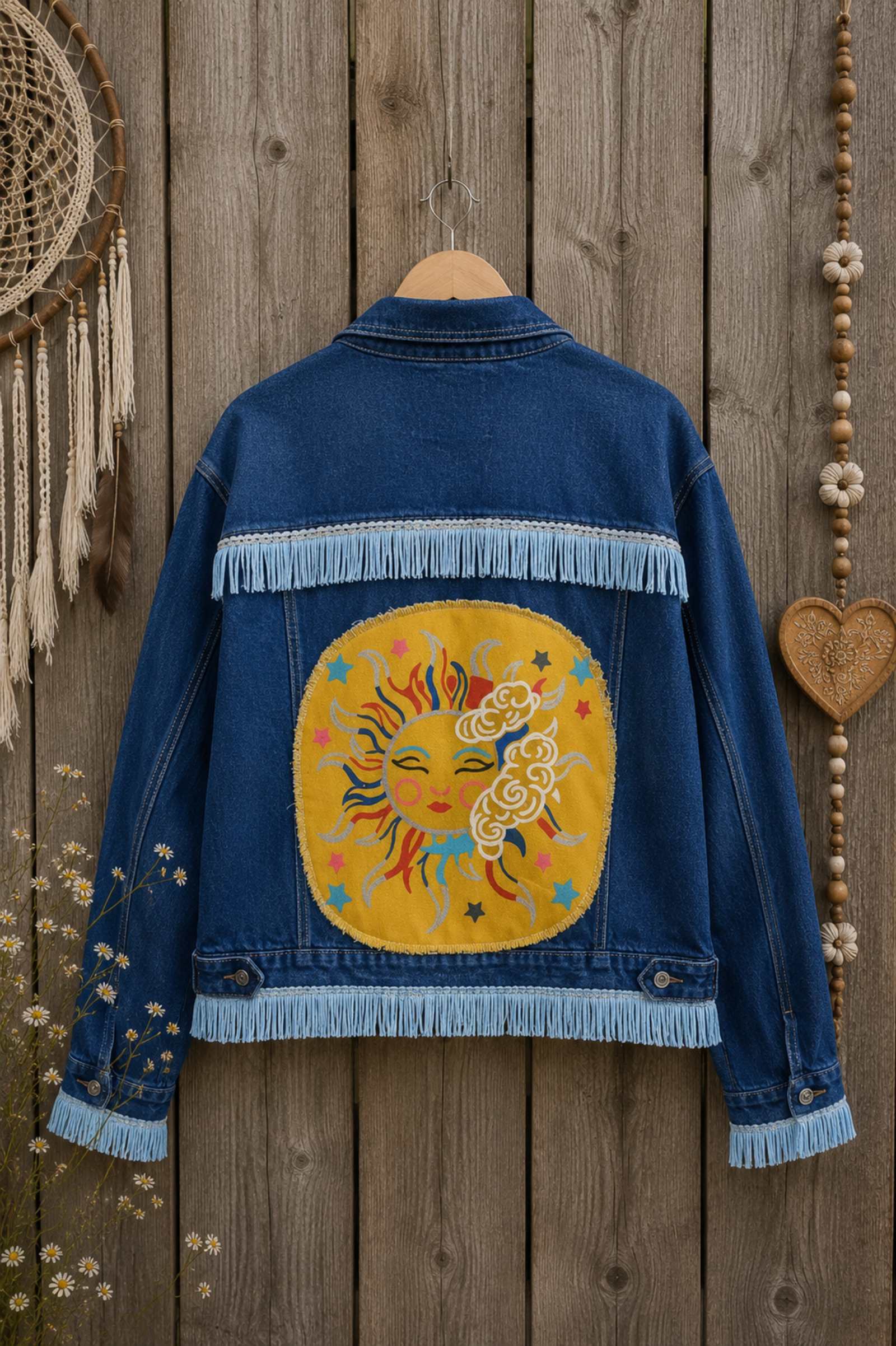 Achterkant Moon Soul denim jasje met Moon Soul artwork en franjes – handgemaakt Old New Atelier