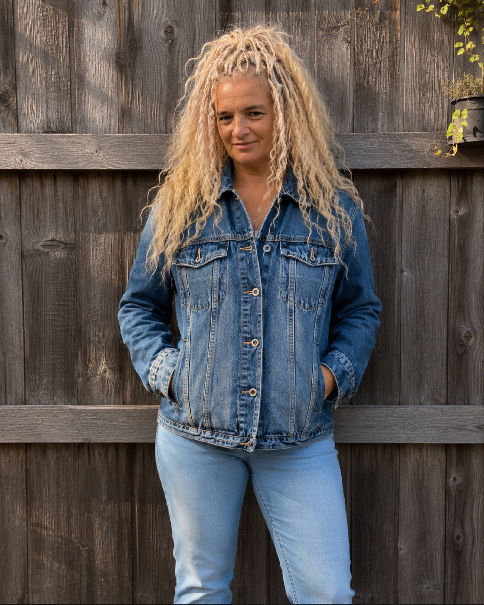 One of a Kind Buddha denim jasje gedragen door model aan houten schutting - handgemaakt upcycled spijkerjasje Old New Atelier
