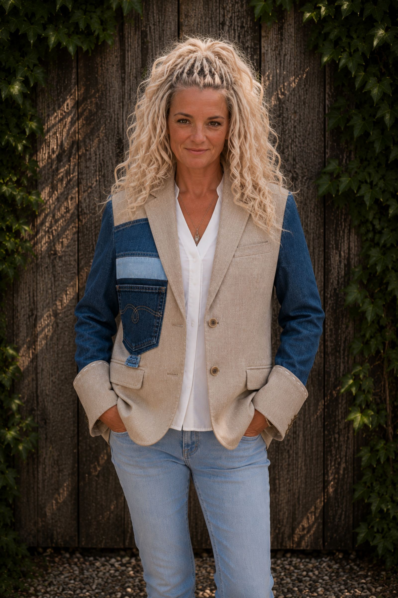 One of a Kind upcycled blazer gedragen voorkant