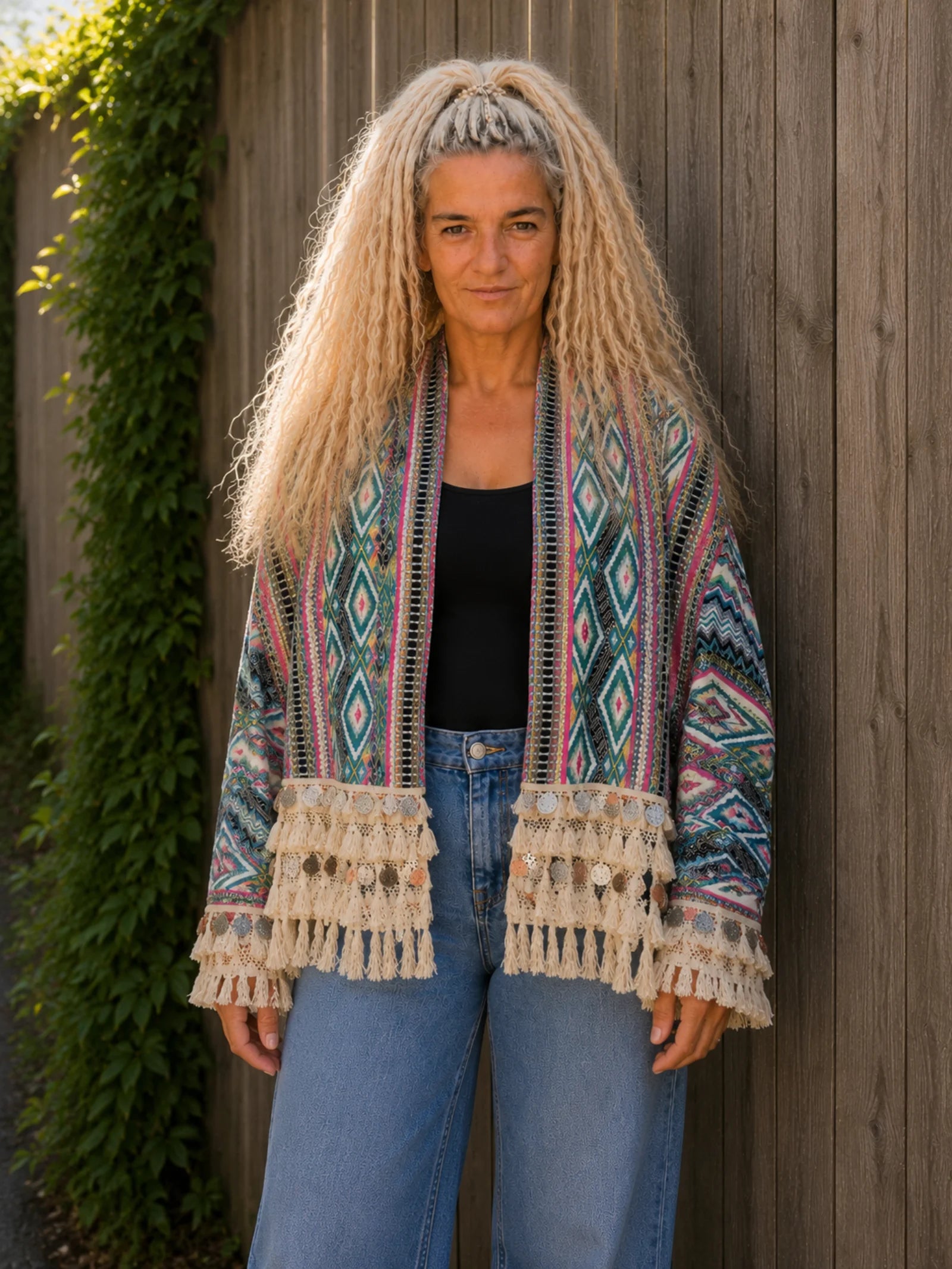 Handgemaakt boho vest Aztec turquoise roze gedragen voorkant