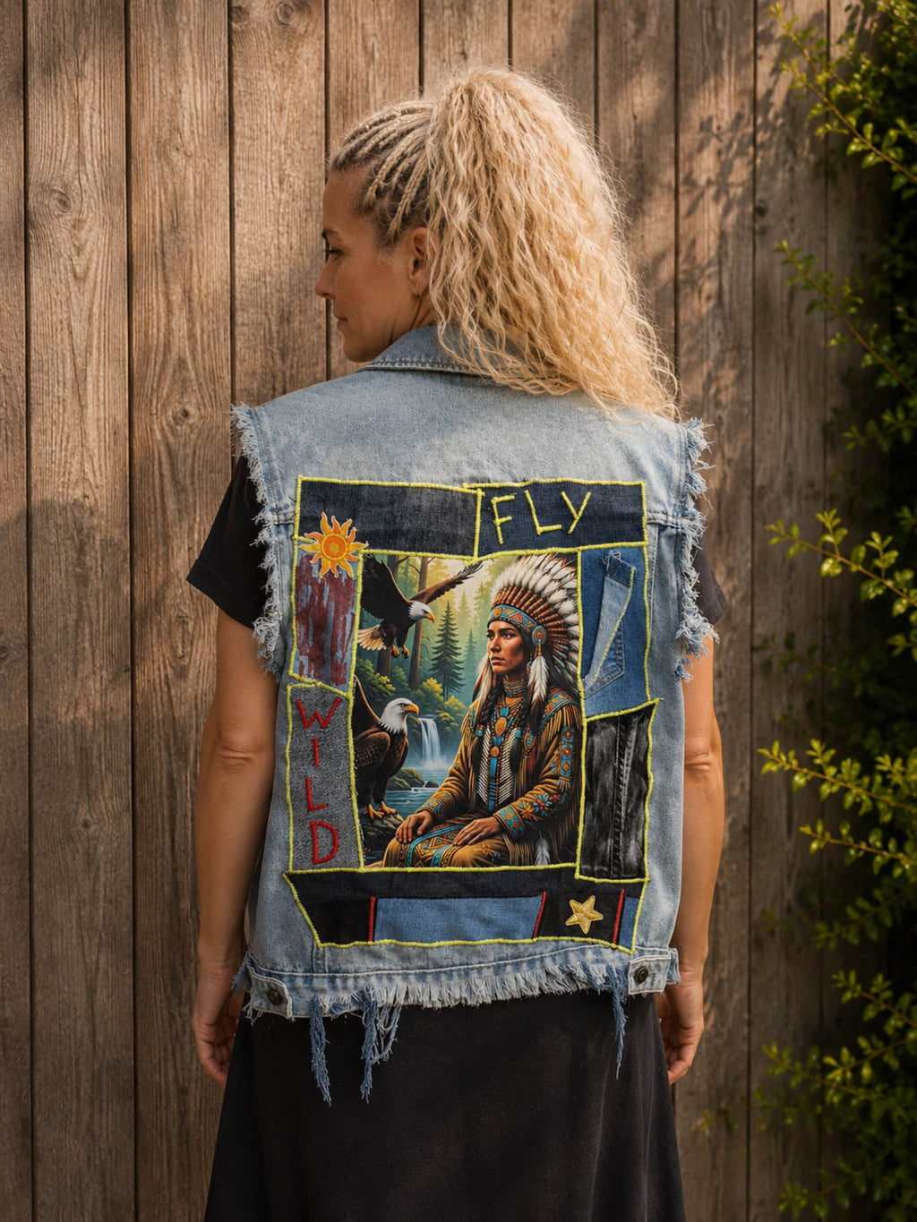 Detail van de achterkant van een One of a Kind handgemaakt denim hesje met Fly Wild patchwork, rafelranden en unieke boho details van Old New Atelier.