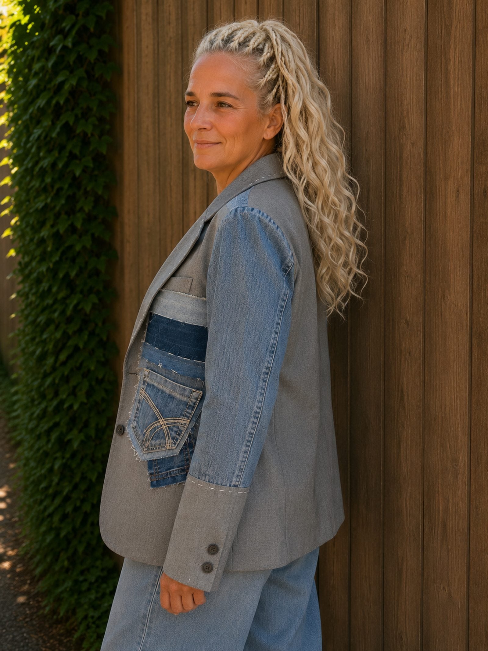 Zijaanzicht met denim mouw en patchwork details