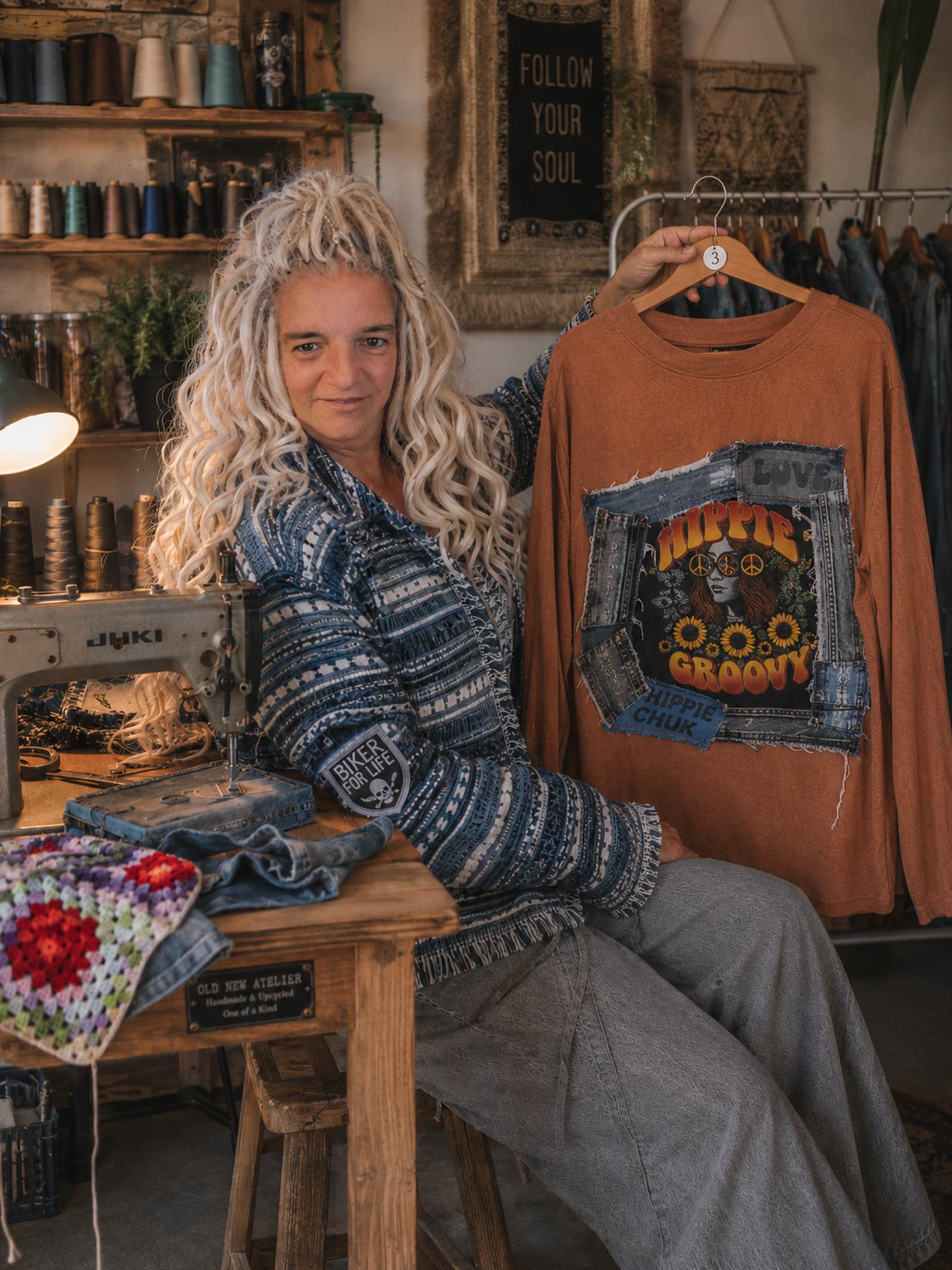 Melanie van Old New Atelier toont een handgemaakte Hippie Groovy blouse in het atelier naast de naaimachine.