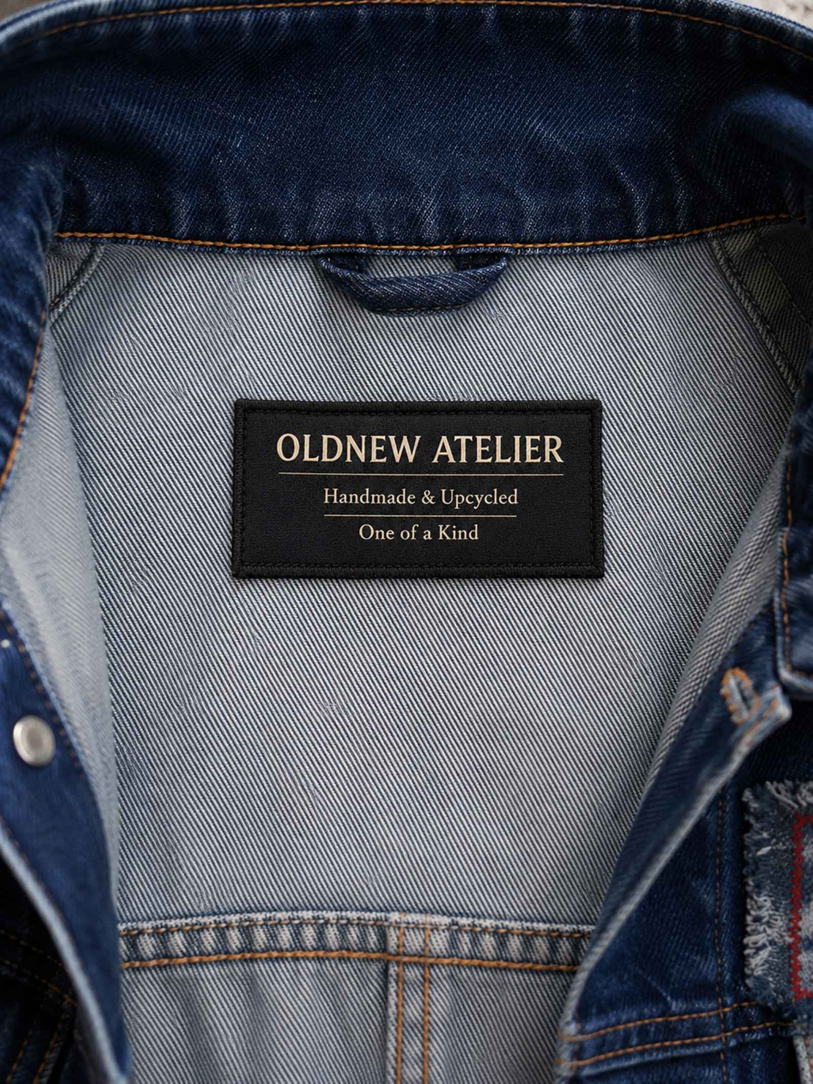 Old New Atelier label in Wait a Minute handmade en upcycled denim jasje