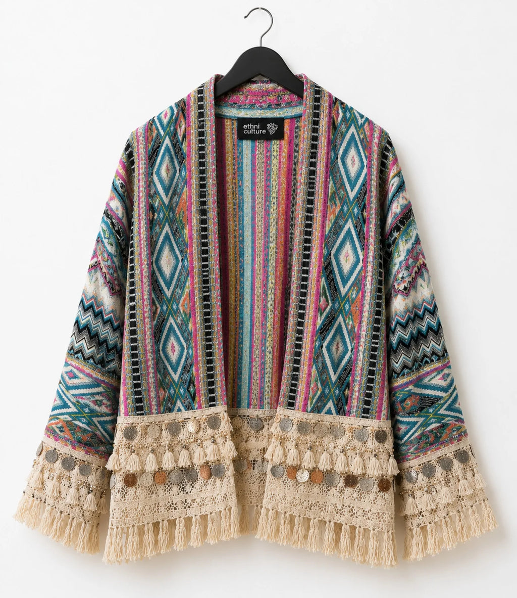 Handgemaakt boho vest Aztec turquoise roze hanger voorkant