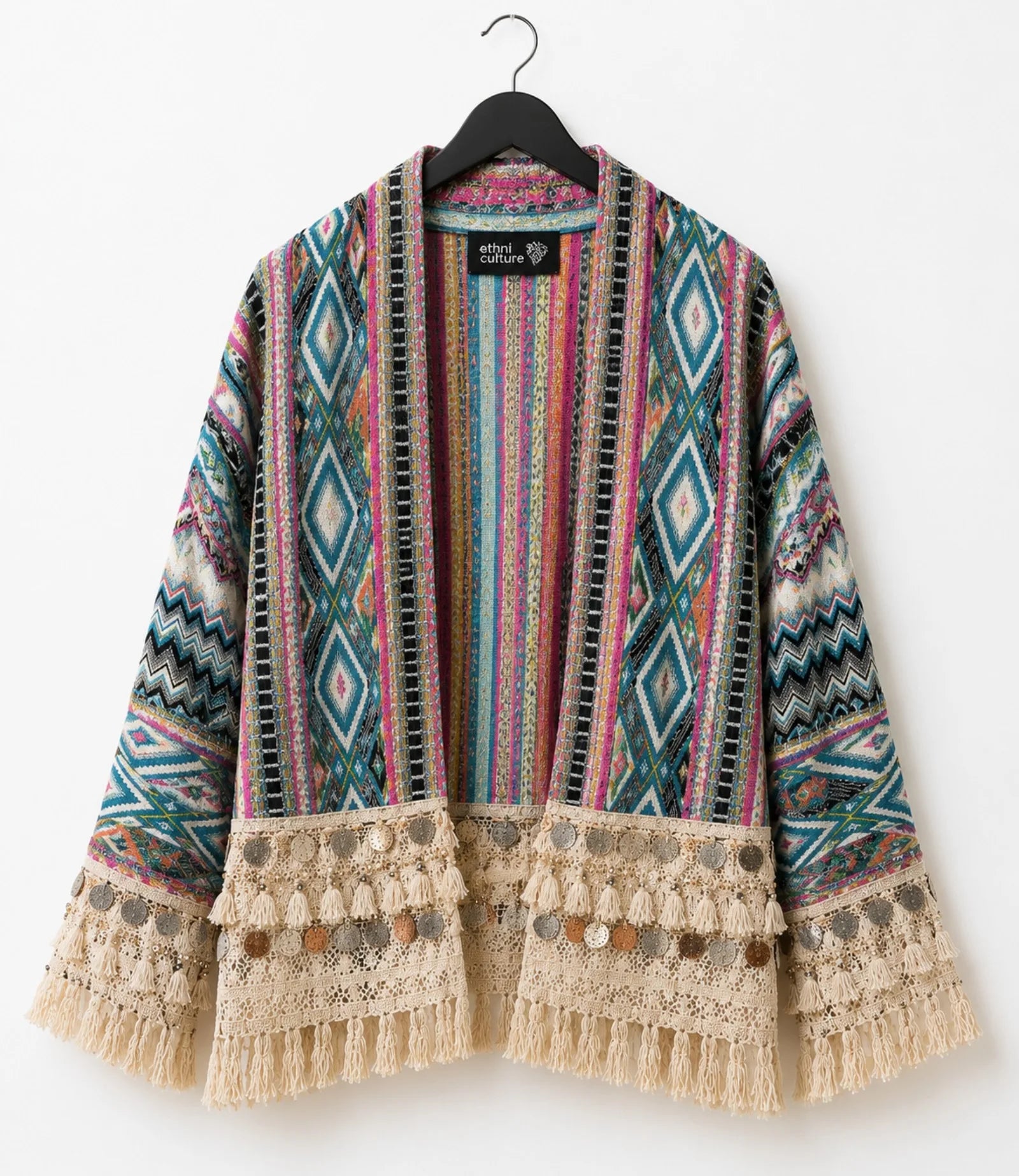 Handgemaakt boho vest Aztec turquoise roze hanger voorkant