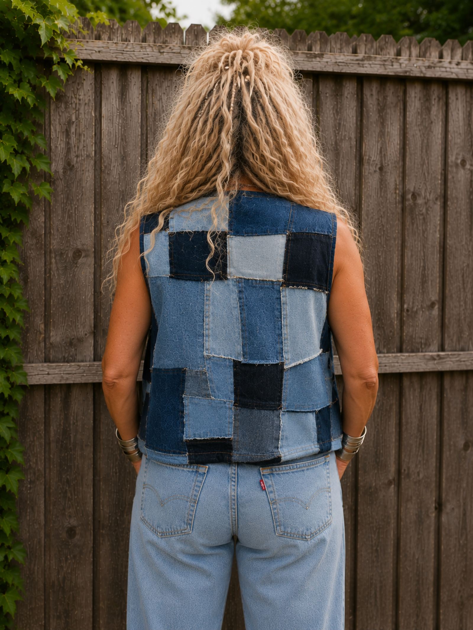 One of a Kind Levi's Patchwork Denim Hesje L/XL – Handgemaakt & Upcycled