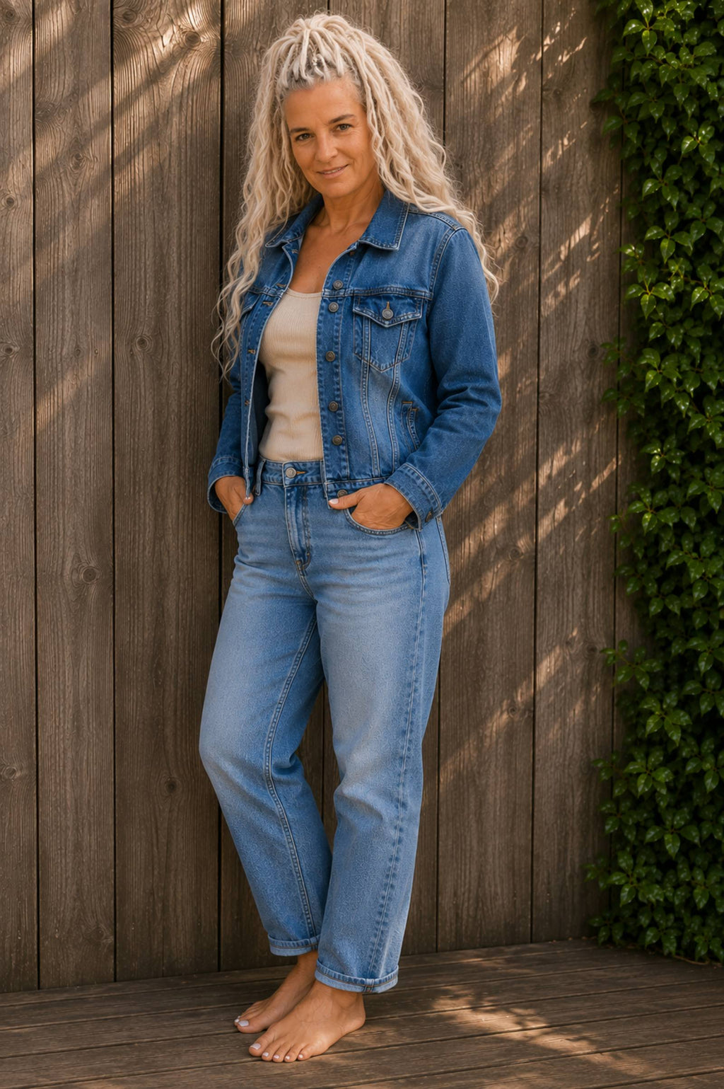 Freedom denim jasje gedragen in driekwart vooraanzicht