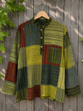 Katoenen patchwork blouse Earth Soul voorkant in groen oker en roest