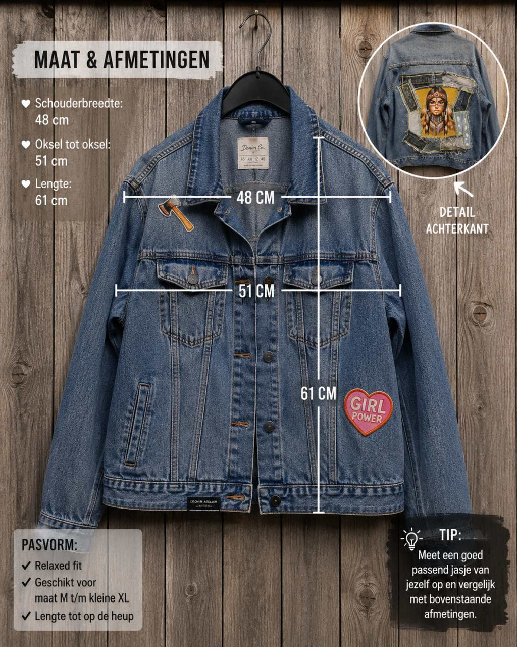 Maat en afmetingen van upcycled denim jacket Native Soul