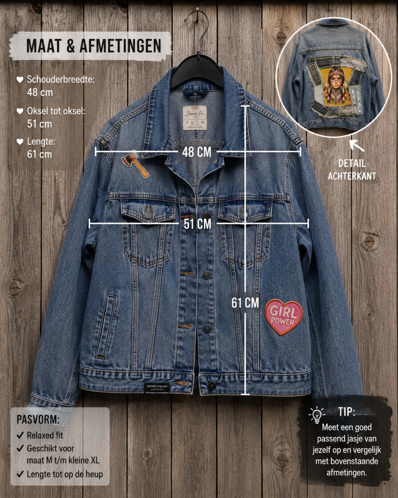 Maat en afmetingen van upcycled denim jacket Native Soul