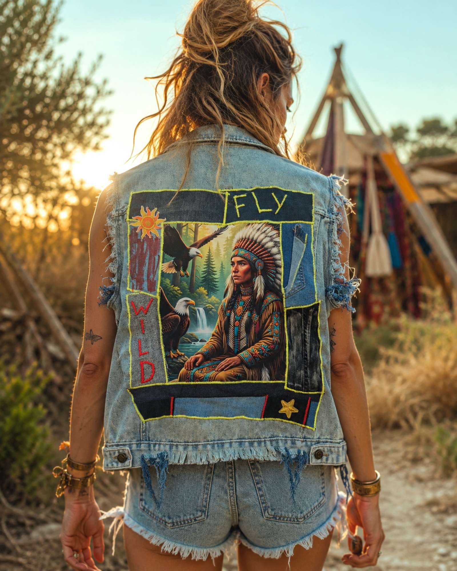 Gedragen model draagt oversized upcycled denim vest in festival stijl