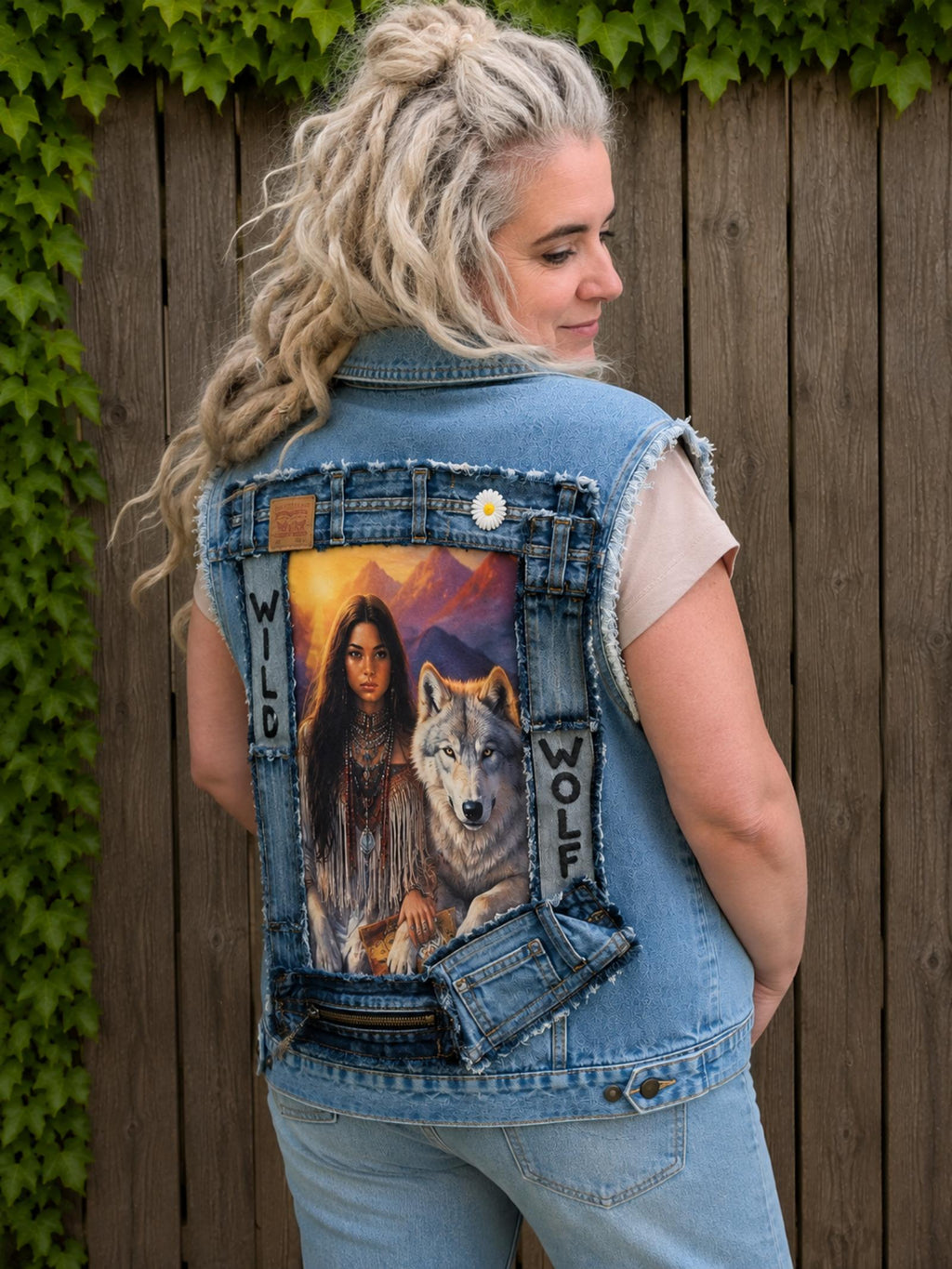 Gedragen Wild Wolf denim hesje in 3/4 achteraanzicht met rugkunstwerk