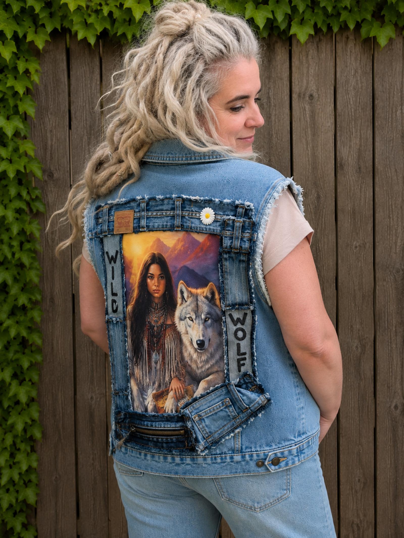 Gedragen Wild Wolf denim hesje in 3/4 achteraanzicht met rugkunstwerk