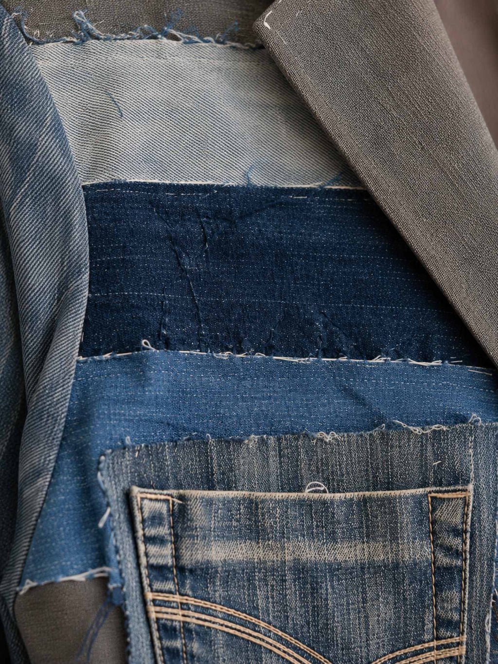 Close-up van verschillende upcycled denimstoffen en texturen