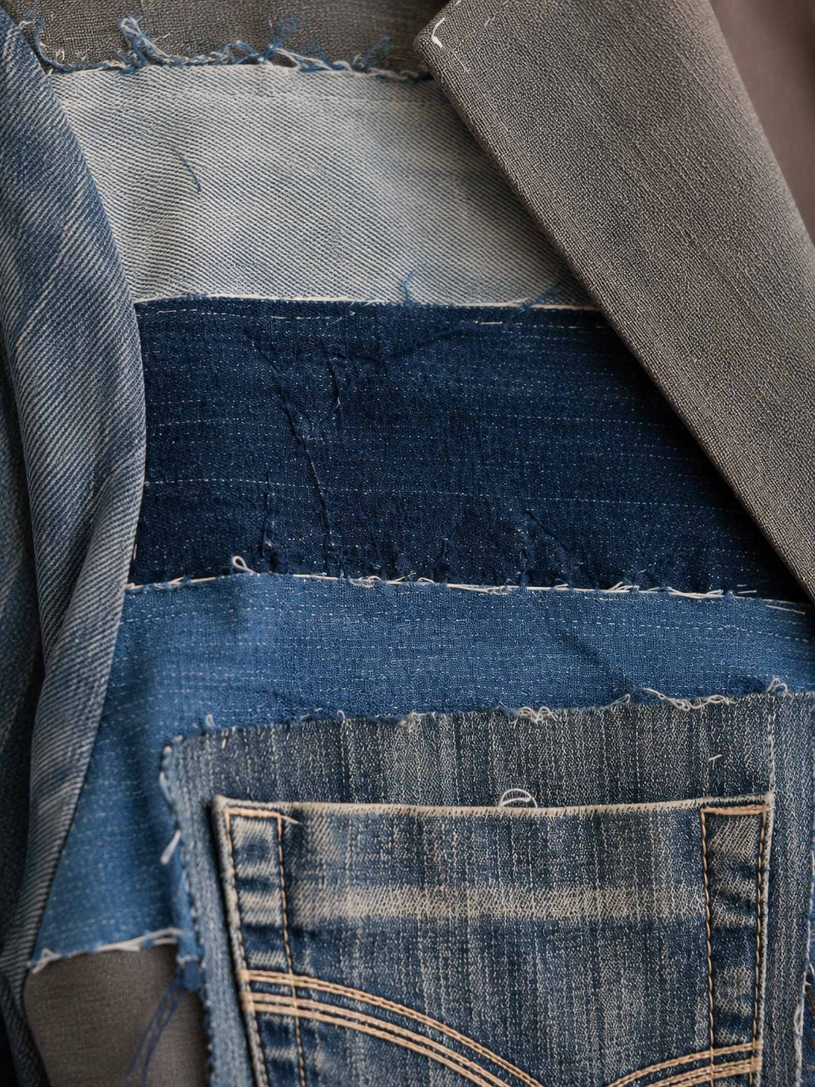Close-up van verschillende upcycled denimstoffen en texturen