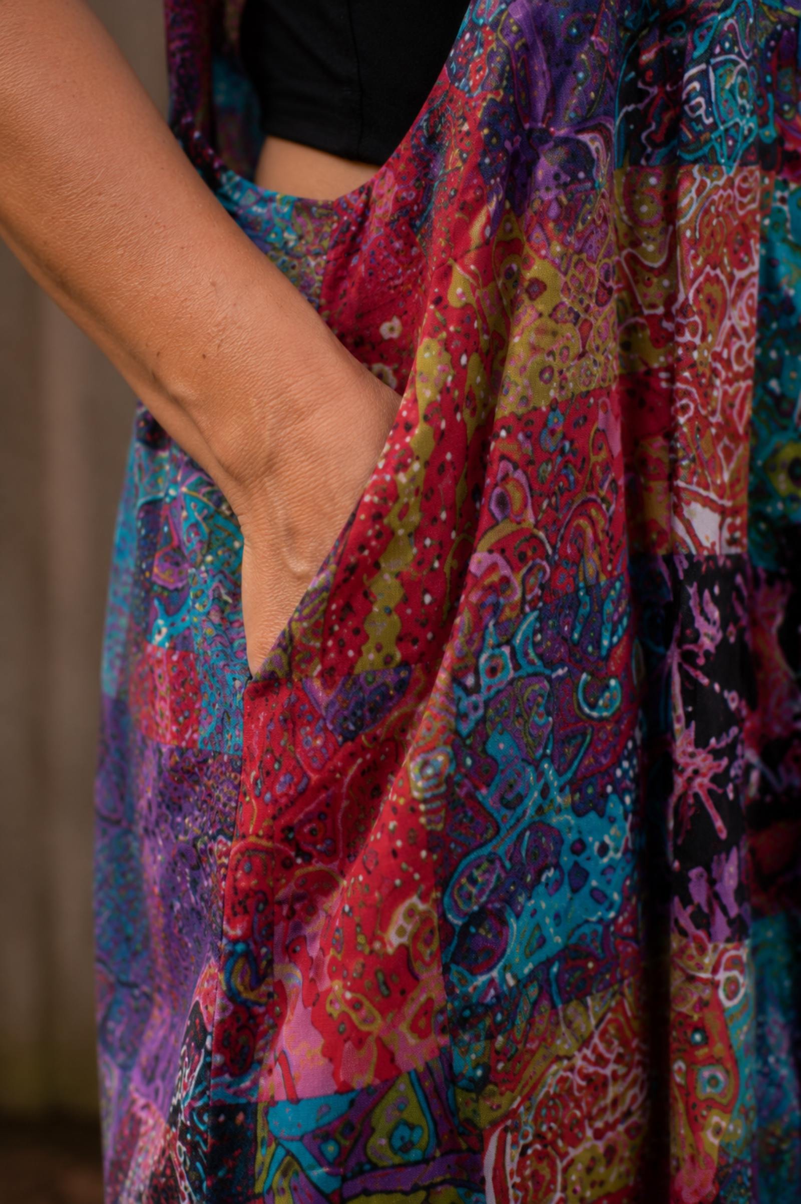 Steekzak detail van de boho patchwork jumpsuit van 100% katoen