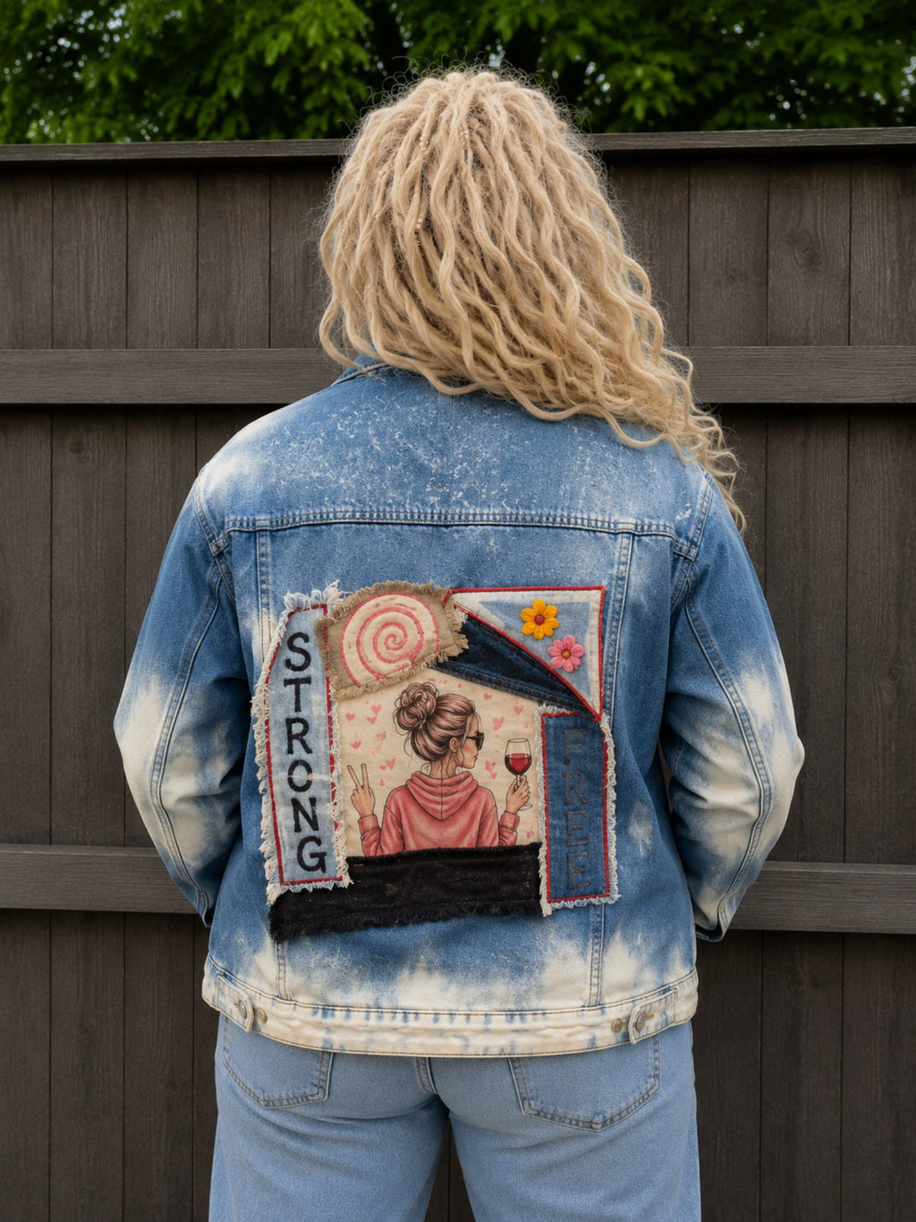 Strong & Free upcycled denim jasje achterkant met volledig handgemaakt rugkunstwerk