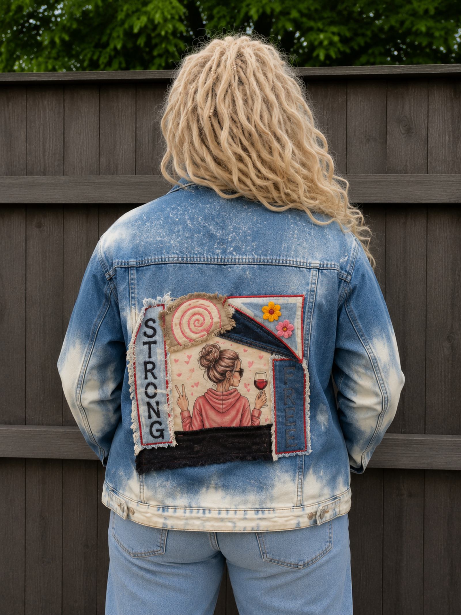 Strong & Free upcycled denim jasje achterkant met volledig handgemaakt rugkunstwerk