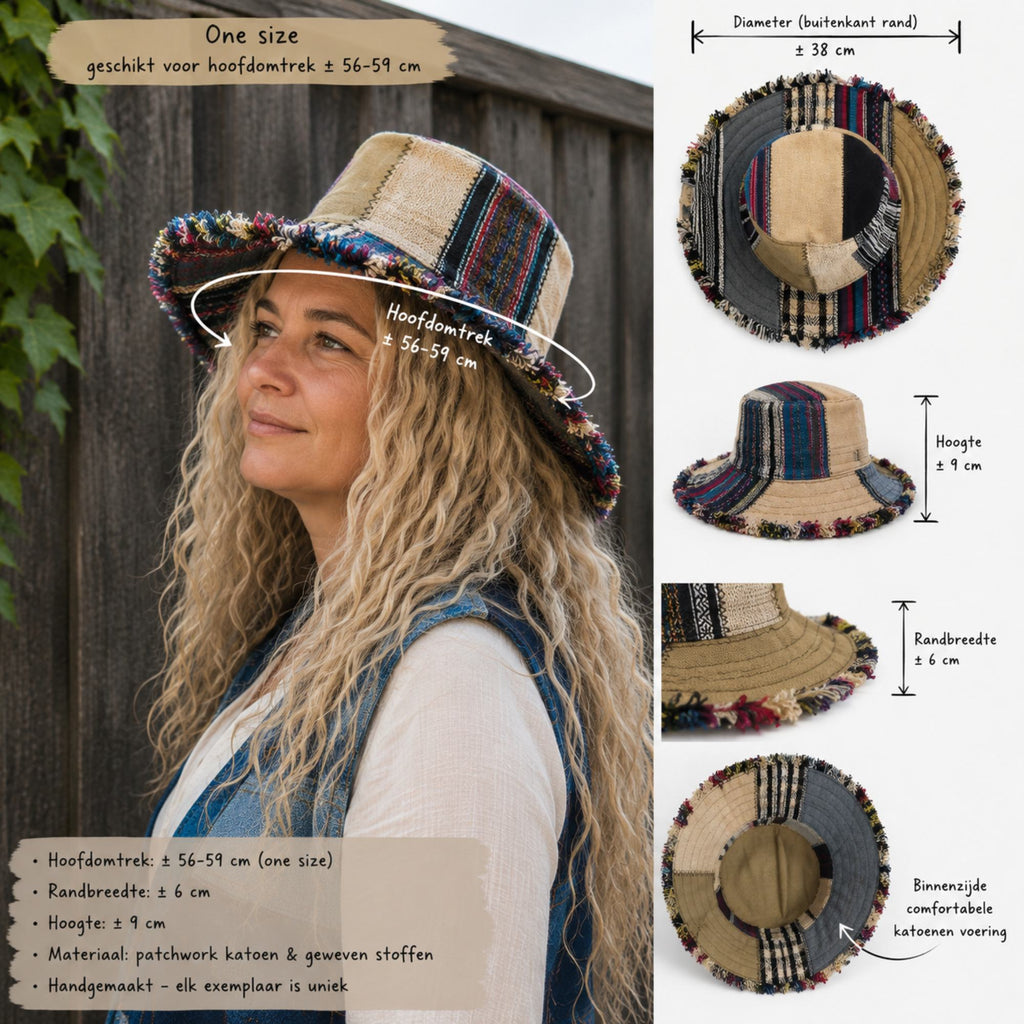 Maatinformatie van de handgemaakte patchwork hoed uit Nepal met hoofdomtrek, hoogte en randbreedte.