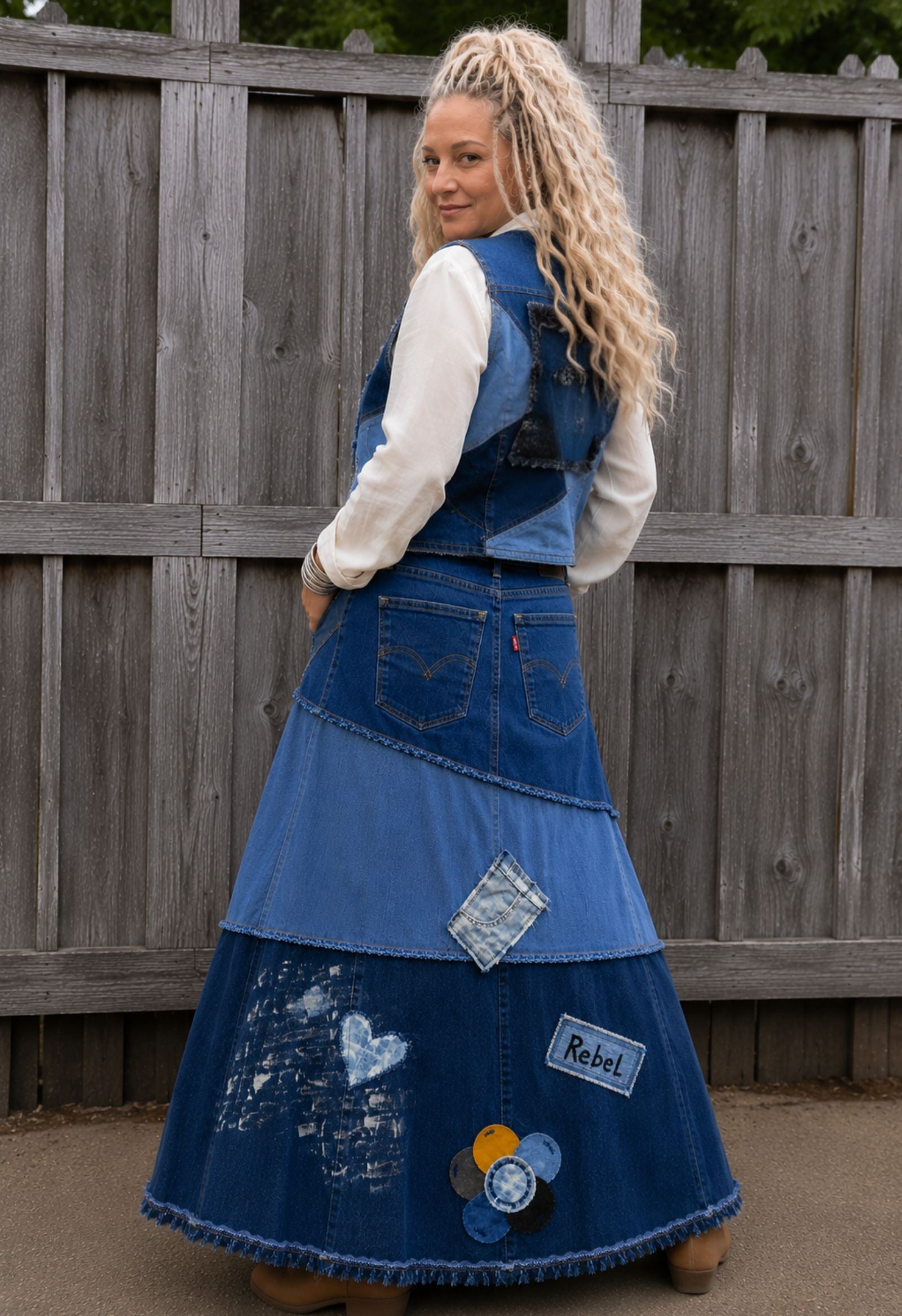 Rebel Soul handgemaakte upcycled denim patchwork rok van gerecyclede Levi's jeans 3/4 achteraanzicht - Old New Atelier
