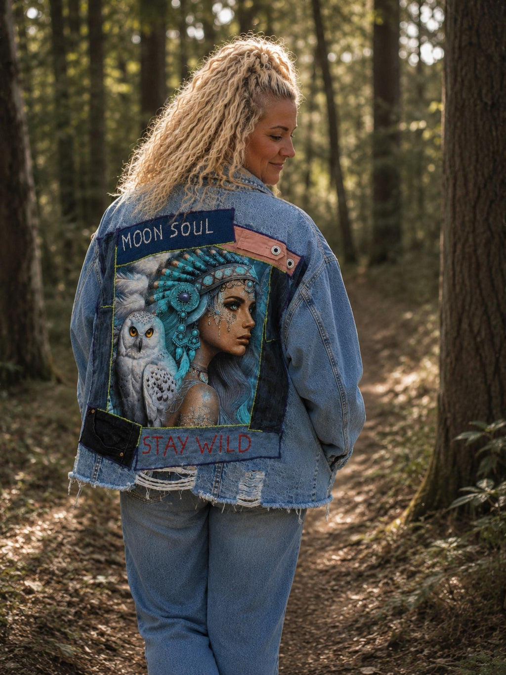 Vrouwelijk model draagt het Moon Soul one of a kind denim jasje tijdens een wandeling in het bos, bohemian sfeerfoto.